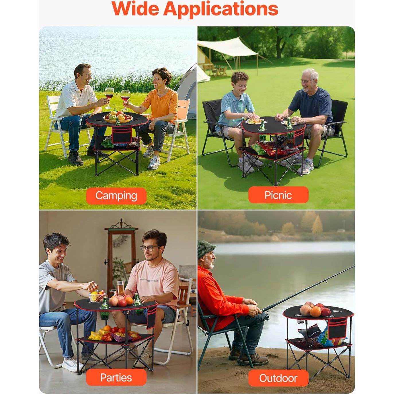 Mesa de Camping Plegable VEVOR 720x720mm 30kg Negro