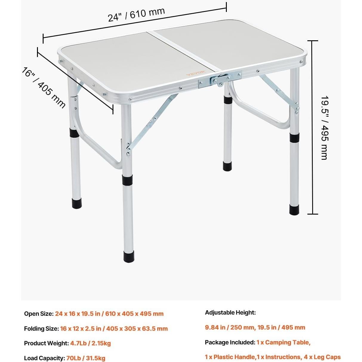 Mesa de Camping Plegable VEVOR 61x41 cm Ajustable Plata