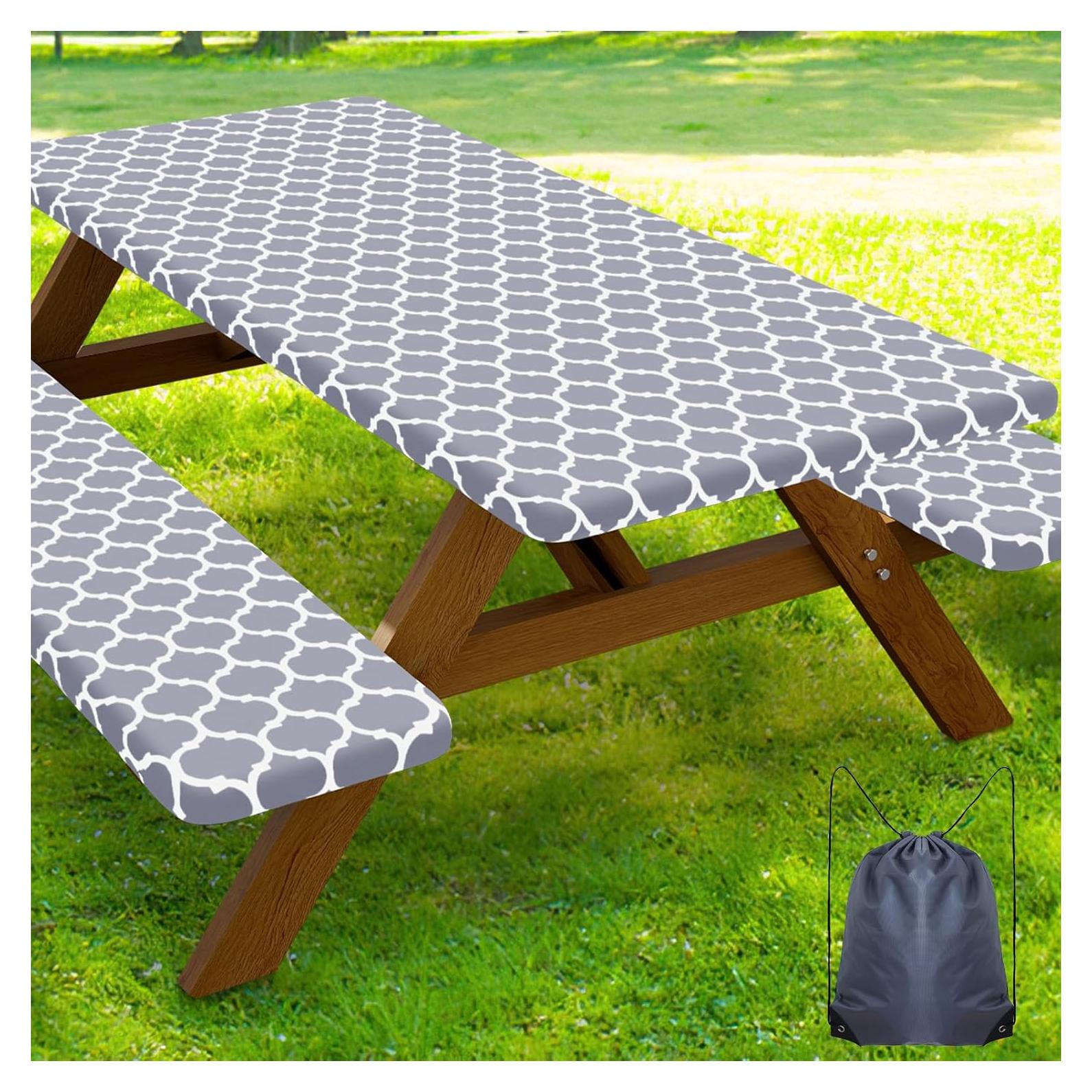 Cubierta de Mesa de Picnic Smiry 3 Piezas Impermeable Gris 183x76 cm