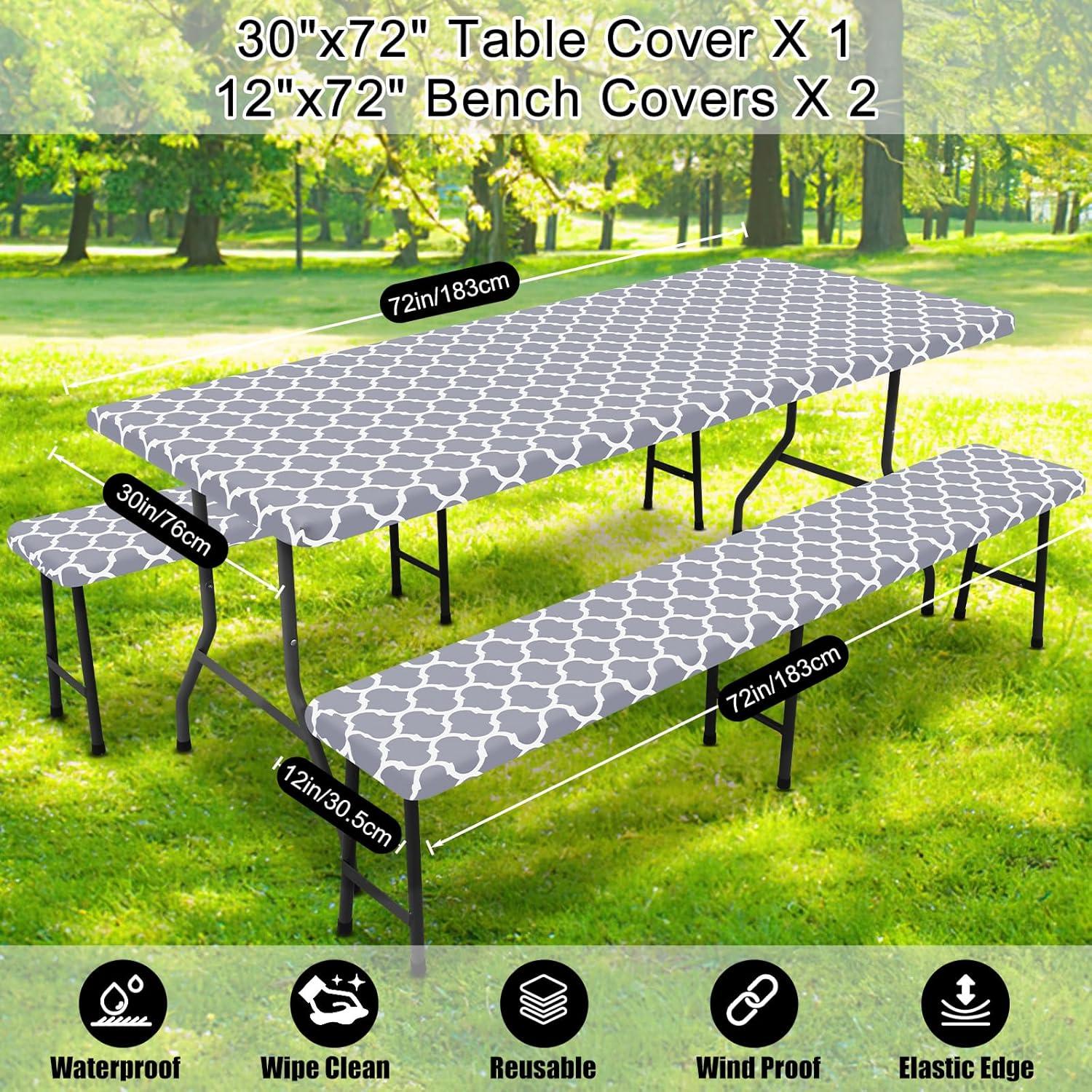 Cubierta de Mesa de Picnic Smiry 3 Piezas Impermeable Gris 183x76 cm