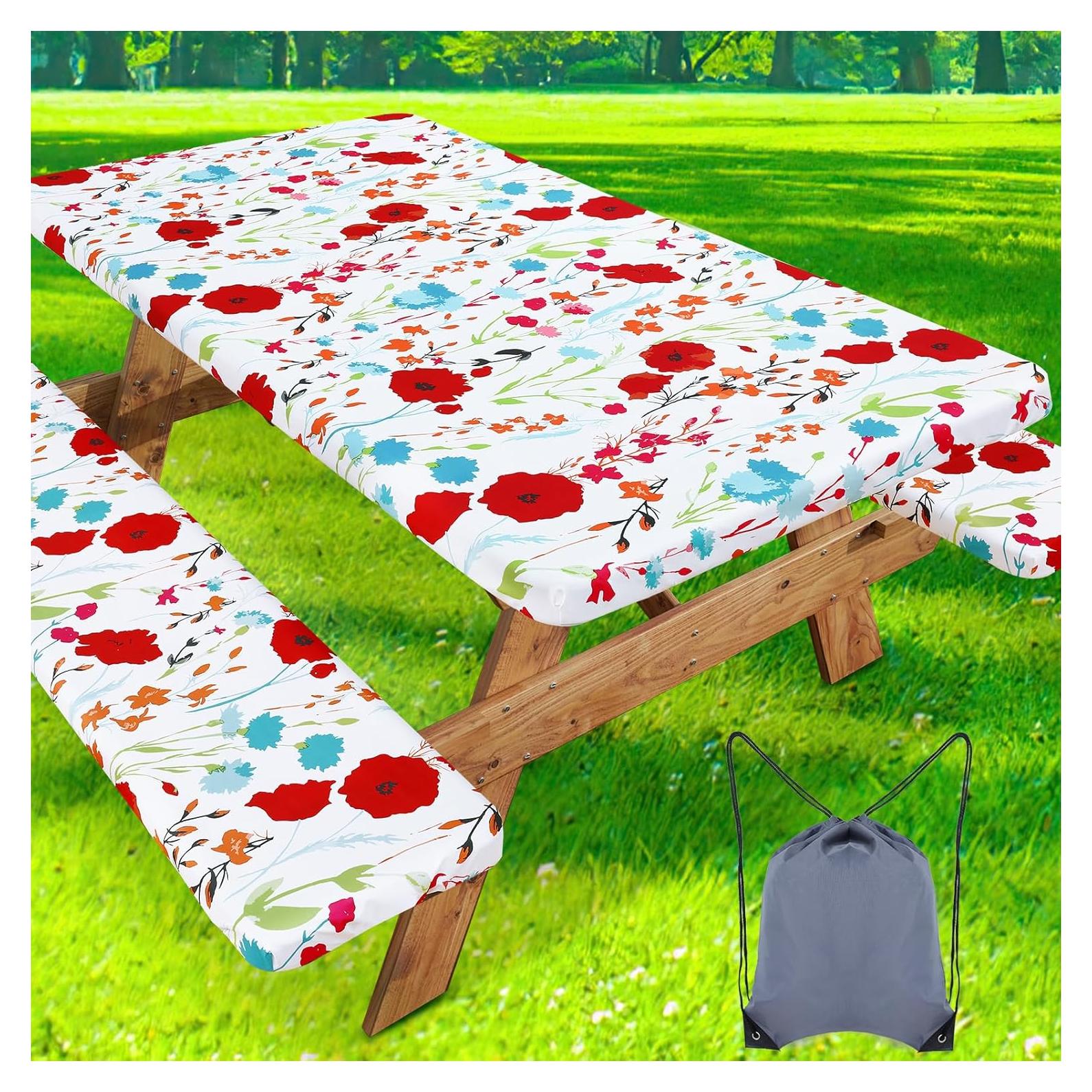 misaya Picnic Table Cover with Bench Cover, Waterproof Elastic Fitted Tablecloth for 6 Foot Tables, Rectangle Washable Polyester Fabric Tablecloths for Picnic, Camping, Outdoor (Flower, 30" x 72")