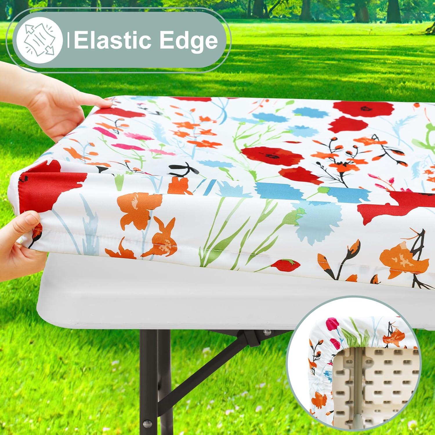 misaya Picnic Table Cover with Bench Cover, Waterproof Elastic Fitted Tablecloth for 6 Foot Tables, Rectangle Washable Polyester Fabric Tablecloths for Picnic, Camping, Outdoor (Flower, 30" x 72")