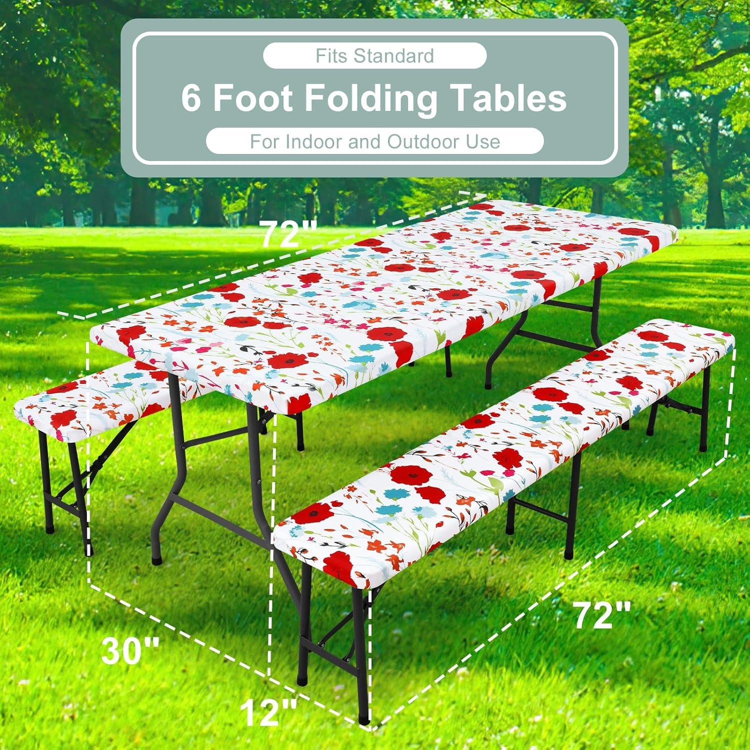 misaya Picnic Table Cover with Bench Cover, Waterproof Elastic Fitted Tablecloth for 6 Foot Tables, Rectangle Washable Polyester Fabric Tablecloths for Picnic, Camping, Outdoor (Flower, 30" x 72")