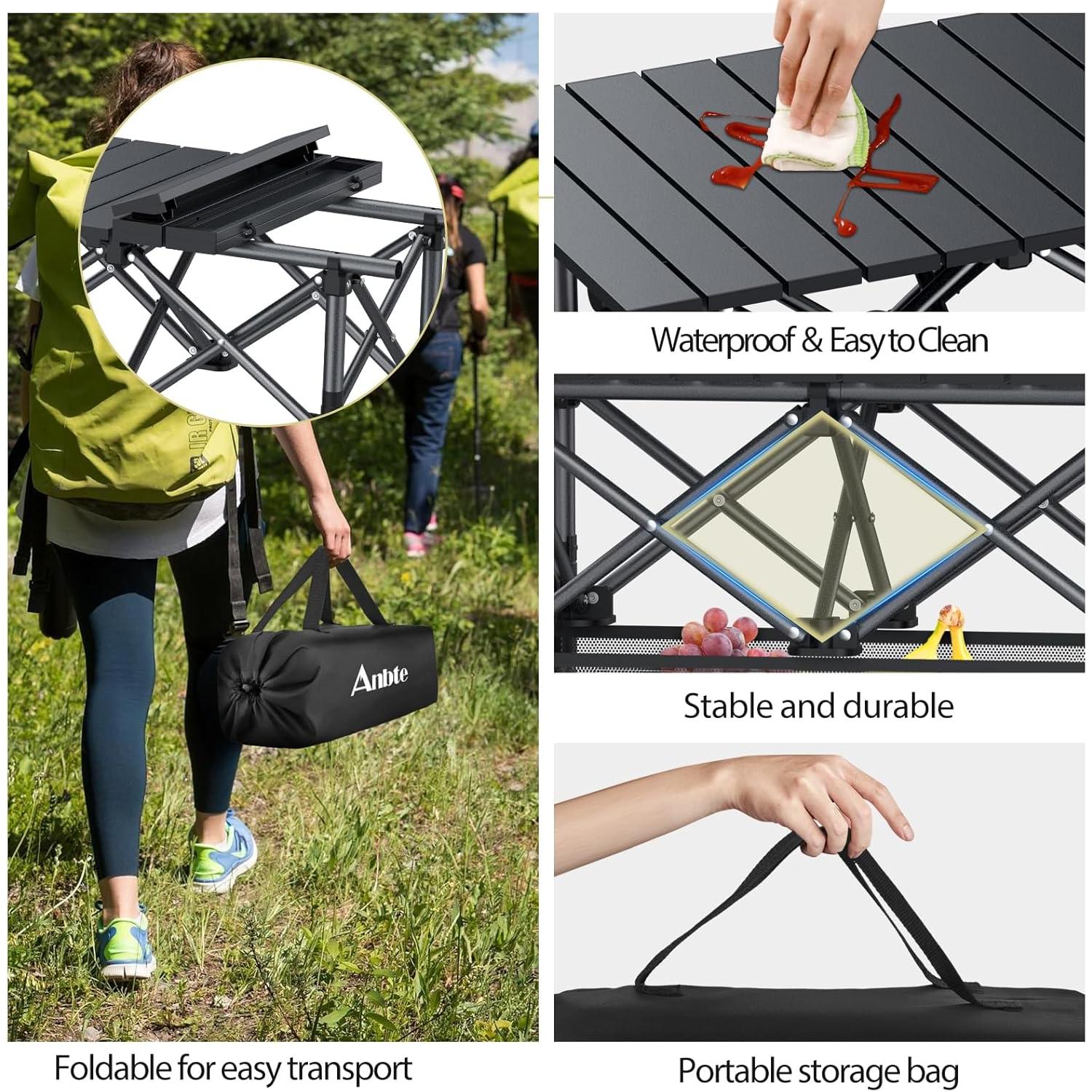 Mesa de Camping Plegable Anbte 2 Alturas 70 cm Aluminio Negra