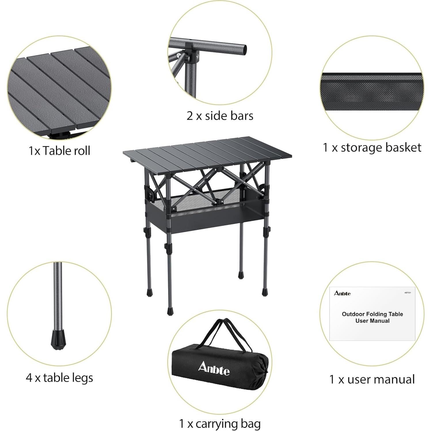 Mesa de Camping Plegable Anbte 2 Alturas 70 cm Aluminio Negra