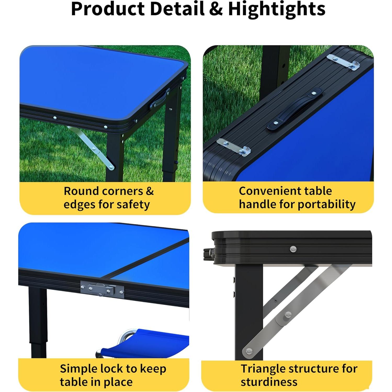 Mesa Plegable UNICOO 1.2m con 4 Sillas Ajustable Azul