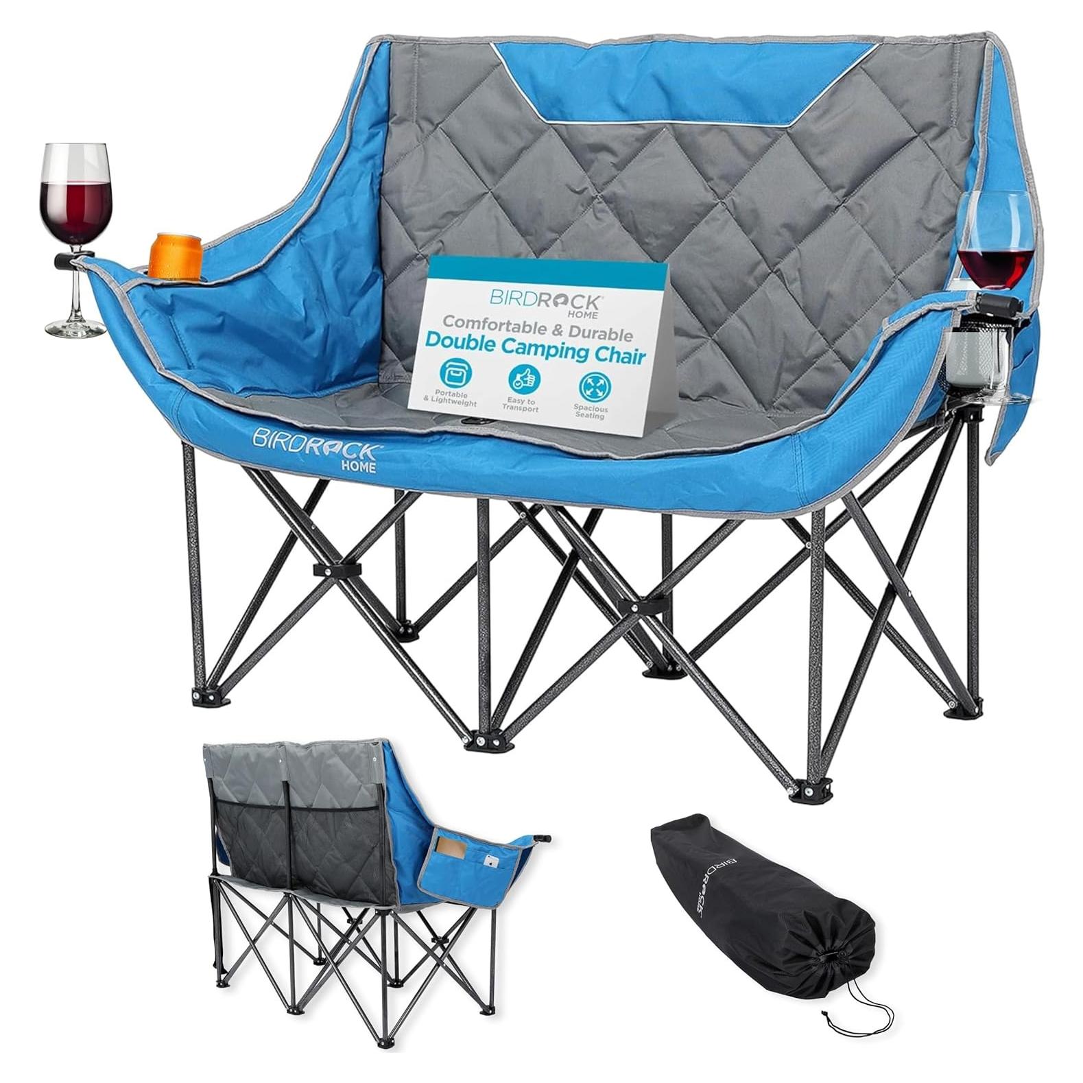 Silla de Camping Doble BIRDROCK HOME - Azul y Gris, 295 kg