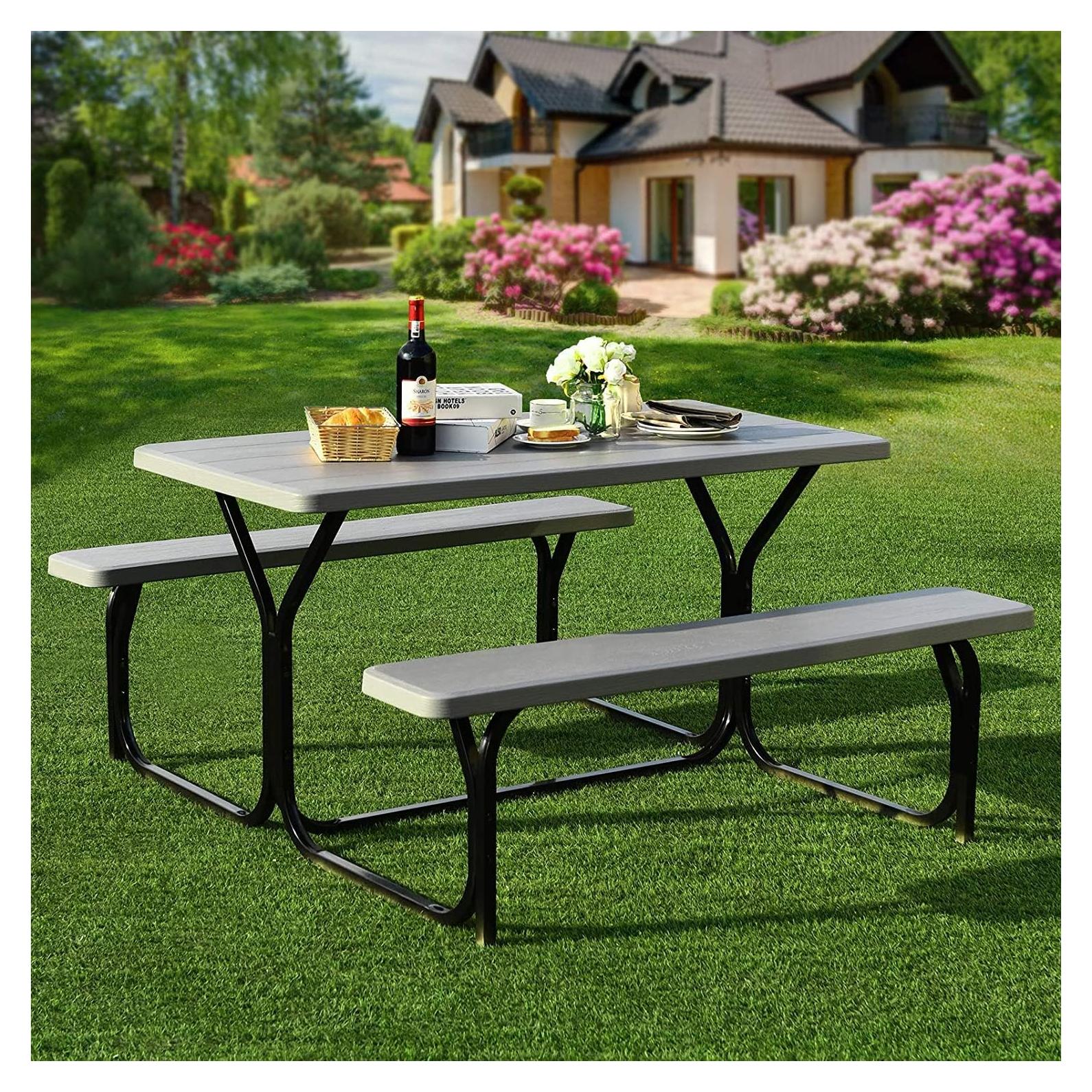 Conjunto de Mesa y Banco de Picnic Hysache, Acero y HDPE, Gris