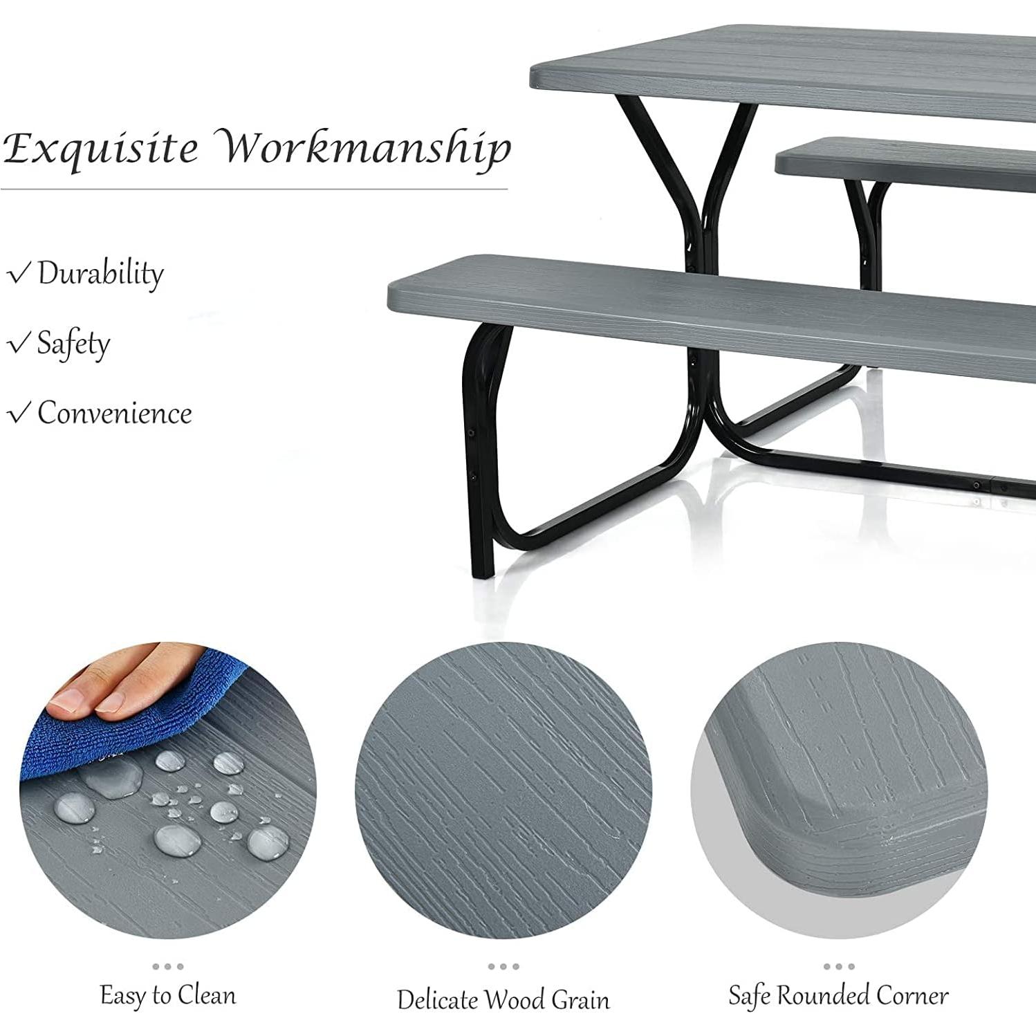 Conjunto de Mesa y Banco de Picnic Hysache, Acero y HDPE, Gris