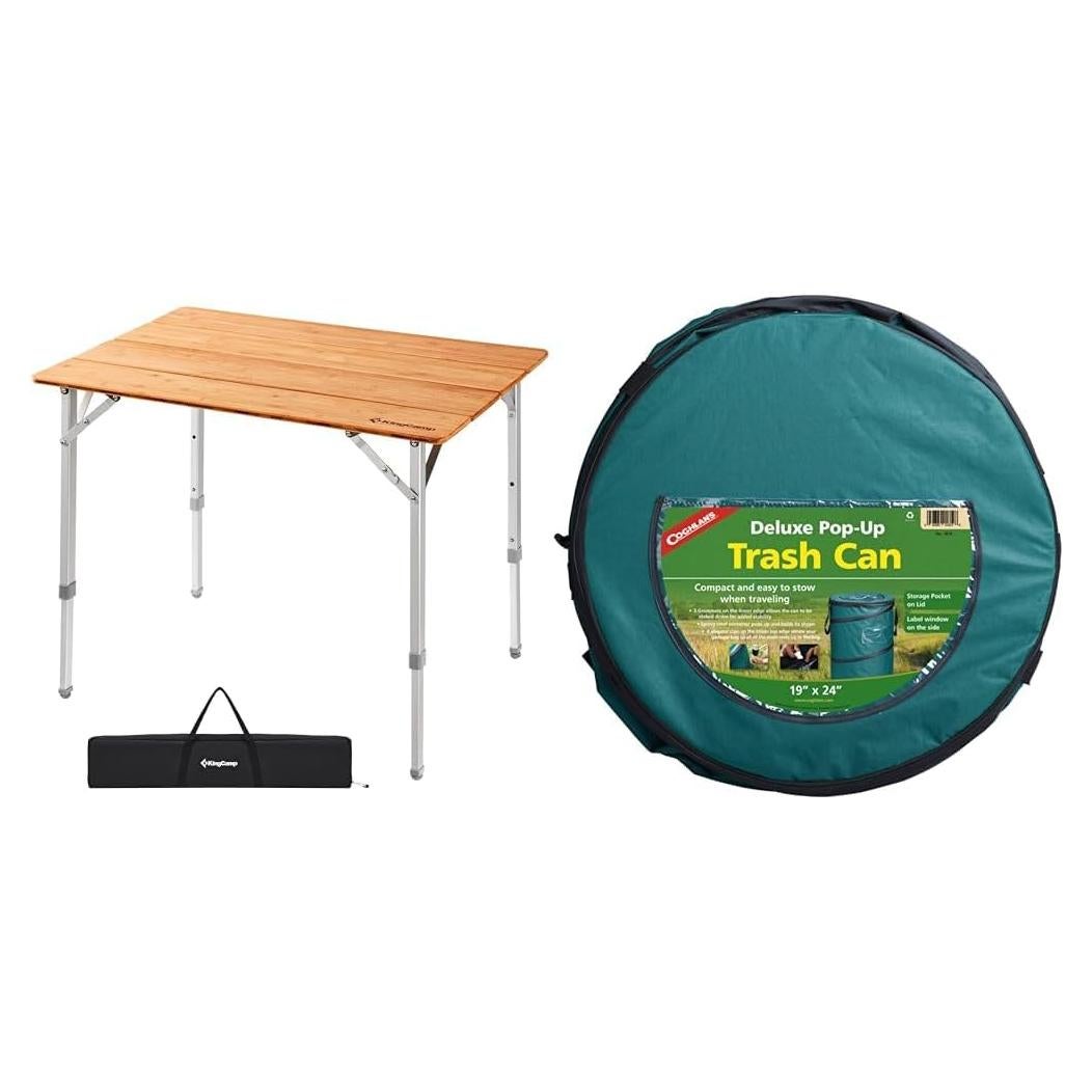 Paquete de Camping KingCamp Mesa Plegable Bambú y Bote Basura