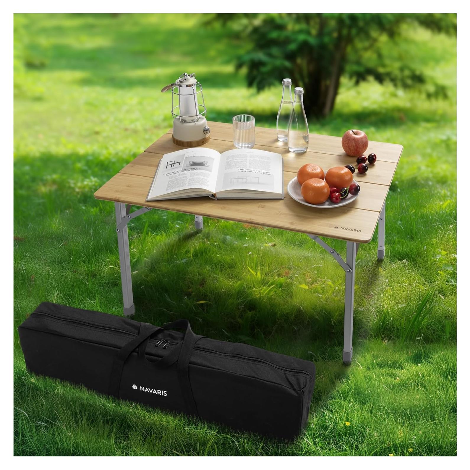 Mesa de Camping Plegable Navaris de Bambú 80x65 cm