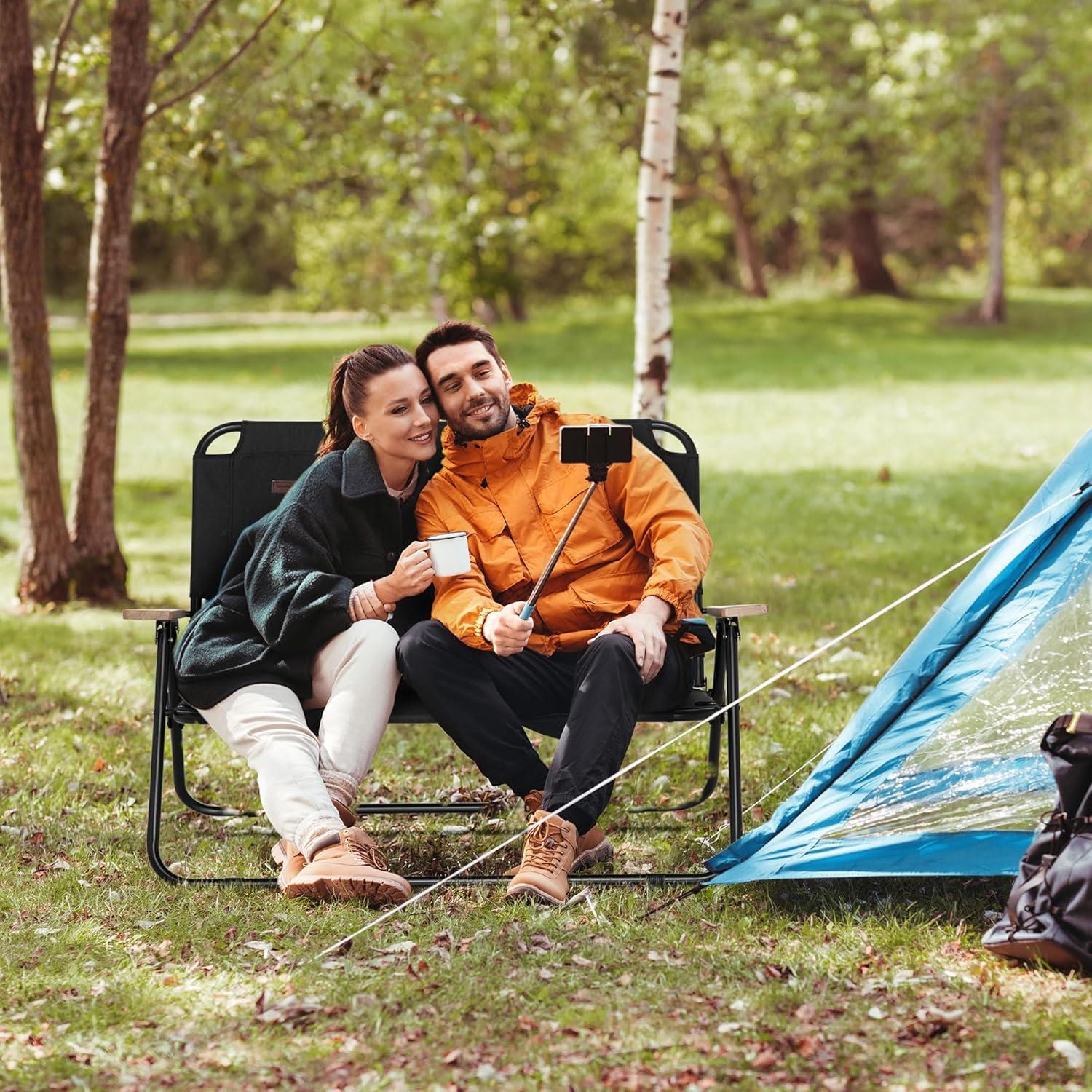 Silla de Camping Plegable Doble Outsunny, Loveseat Negro para 2 Adultos