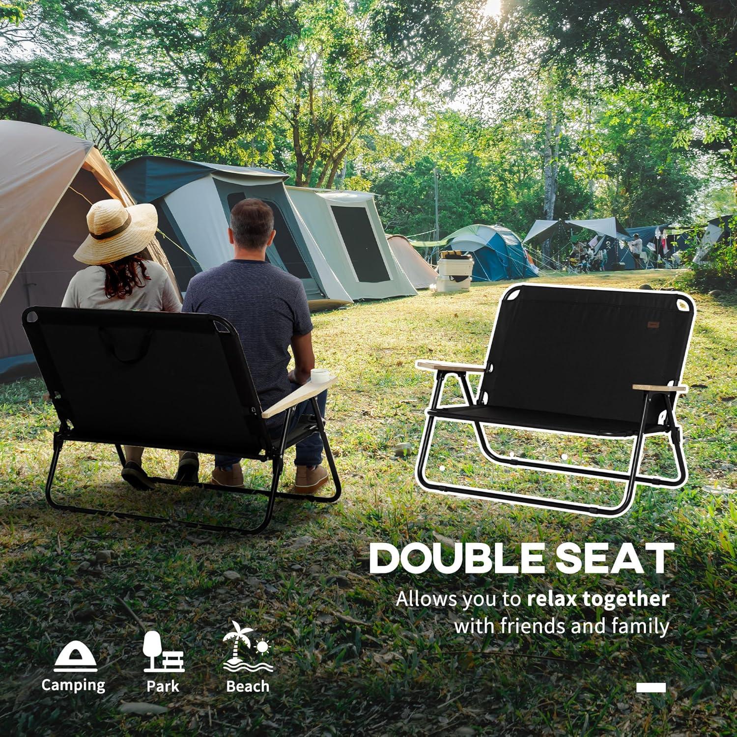 Silla de Camping Plegable Doble Outsunny, Loveseat Negro para 2 Adultos