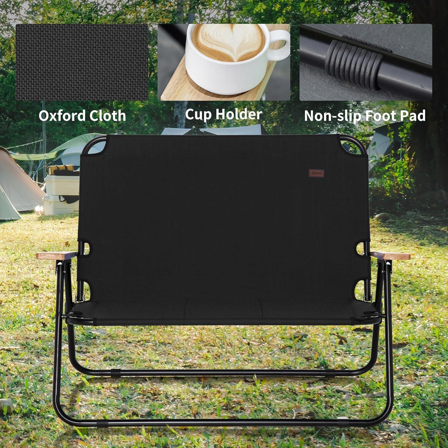Silla de Camping Plegable Doble Outsunny, Loveseat Negro para 2 Adultos