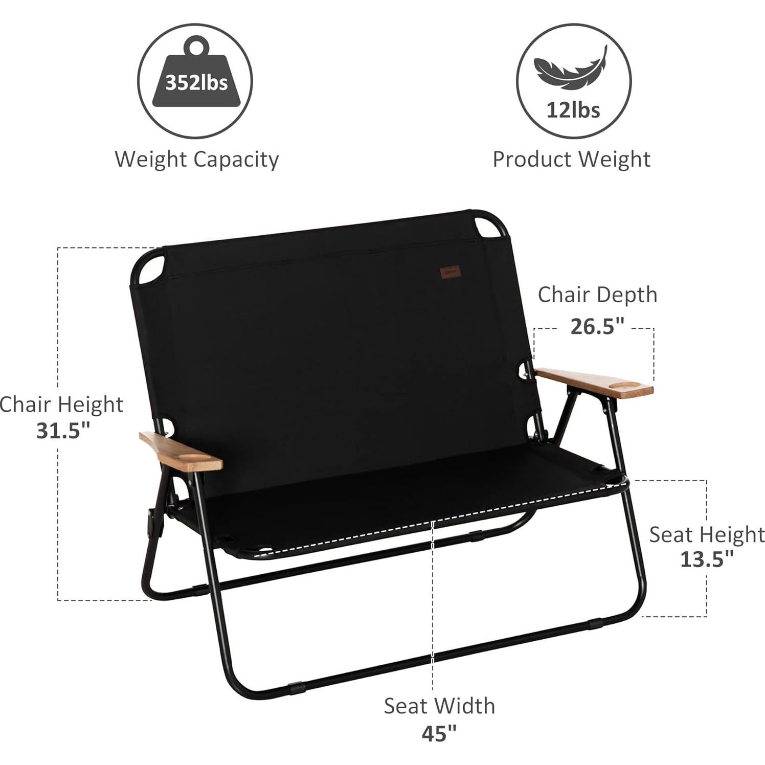 Silla de Camping Plegable Doble Outsunny, Loveseat Negro para 2 Adultos