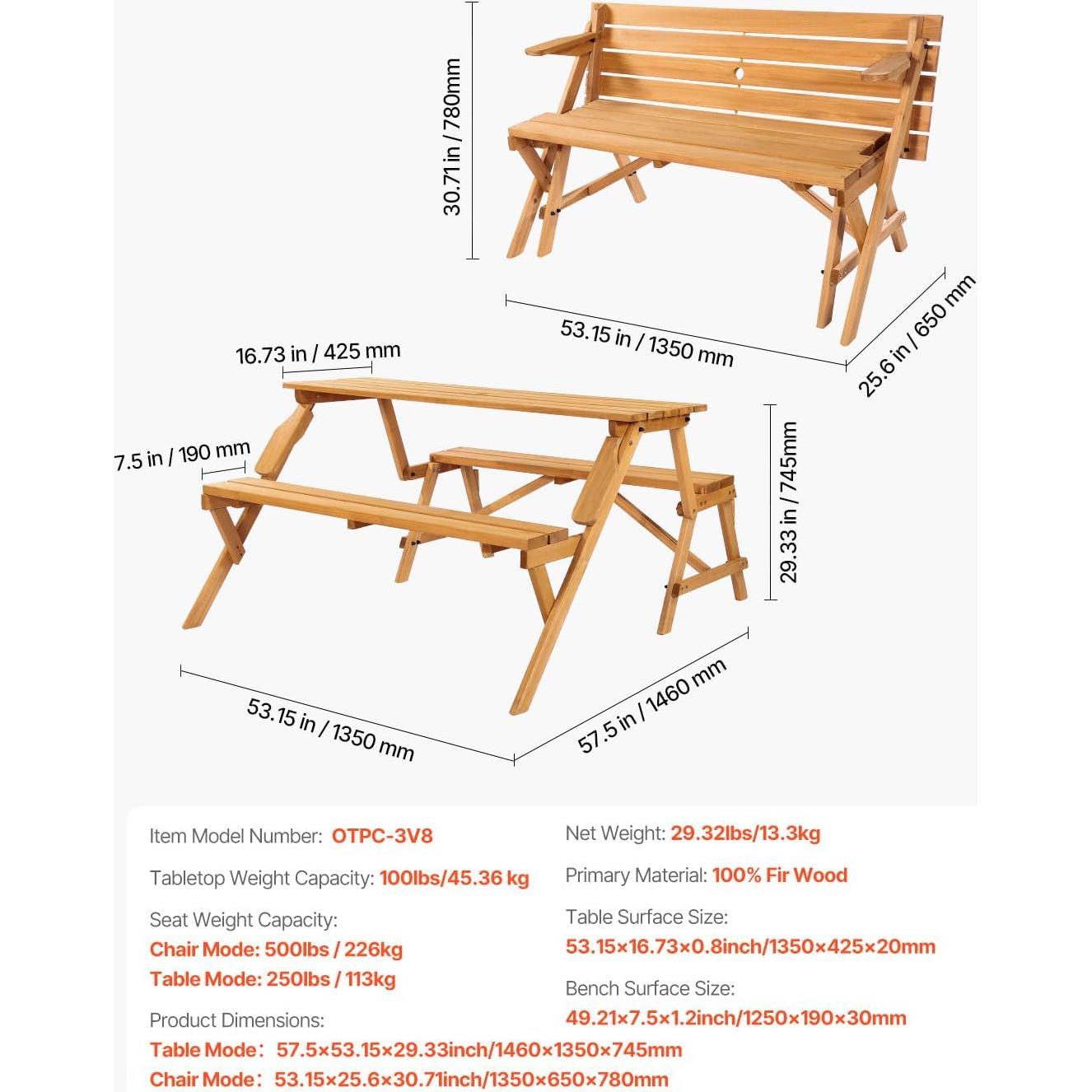 Mesa de Picnic 2-en-1 VEVOR de Madera para Exterior con Paraguas