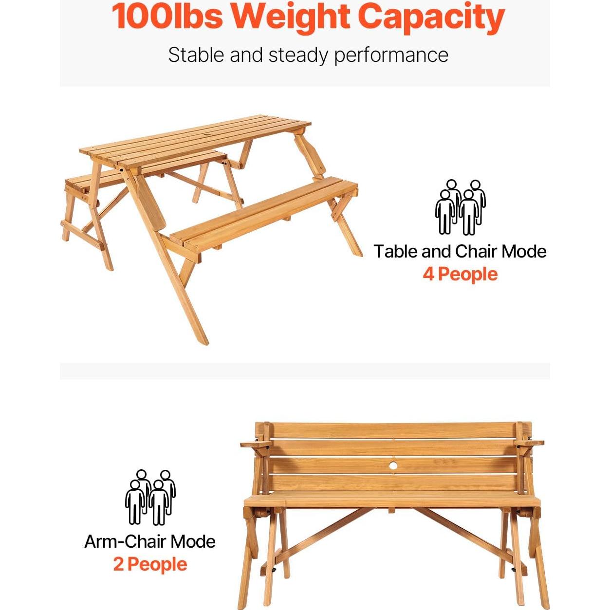 Mesa de Picnic 2-en-1 VEVOR de Madera para Exterior con Paraguas
