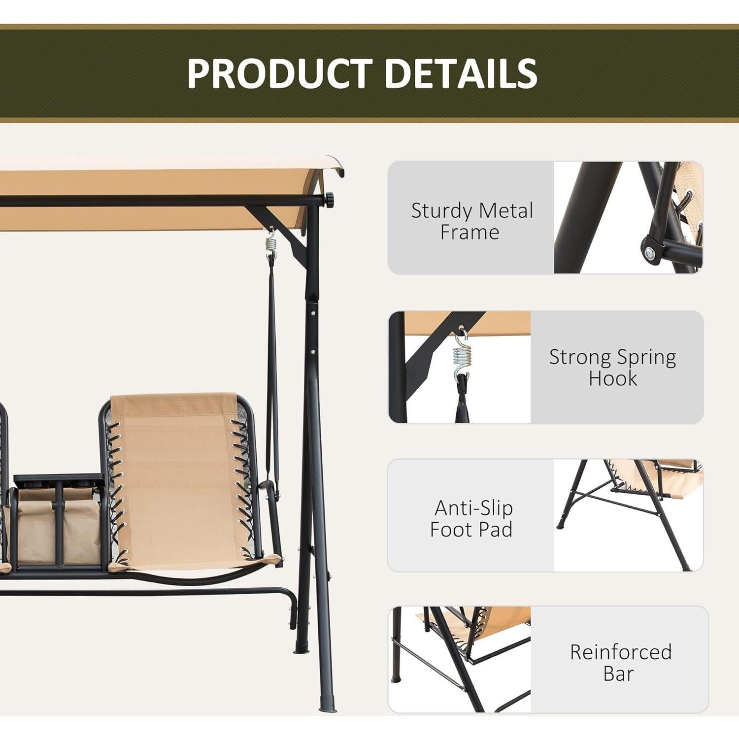 Columpio de Patio Outsunny para 2 Personas con Toldito Beige