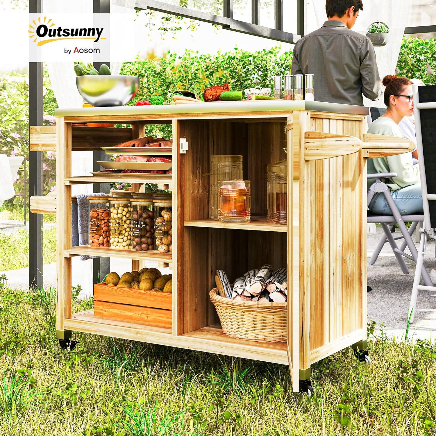 Carrito de Parrilla Outsunny Madera Natural con Acero Inoxidable