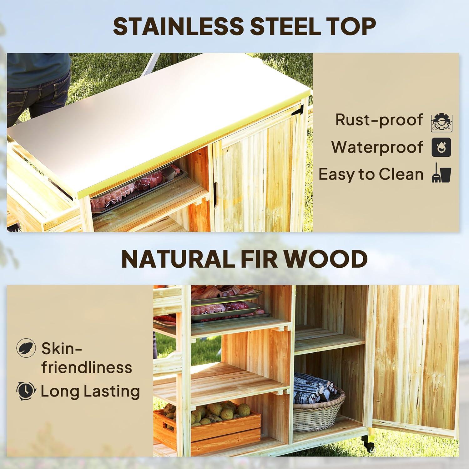 Carrito de Parrilla Outsunny Madera Natural con Acero Inoxidable