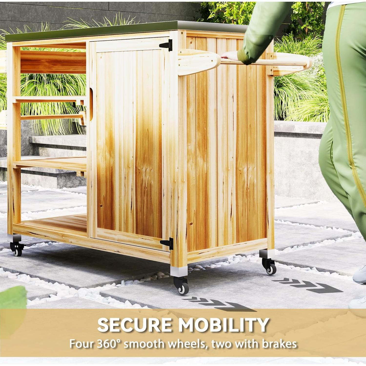 Carrito de Parrilla Outsunny Madera Natural con Acero Inoxidable