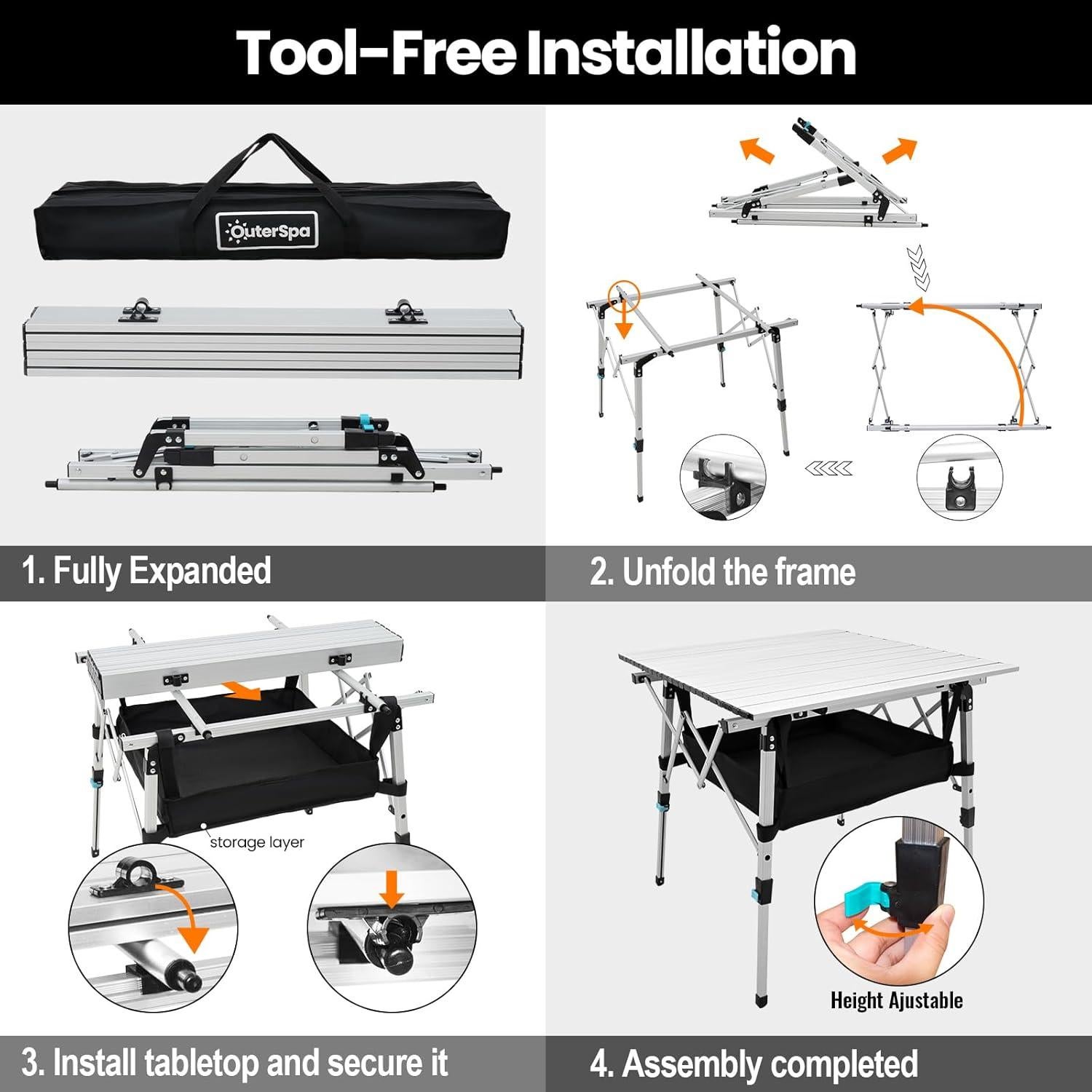 Mesa de Camping Plegable OuterSpa 70.1x70.1cm Aluminio Plata