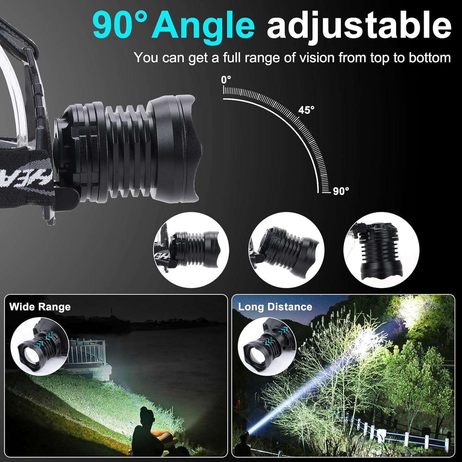 Linterna Frontal Recargable 3000 Lúmenes LED Ajustable IPX7