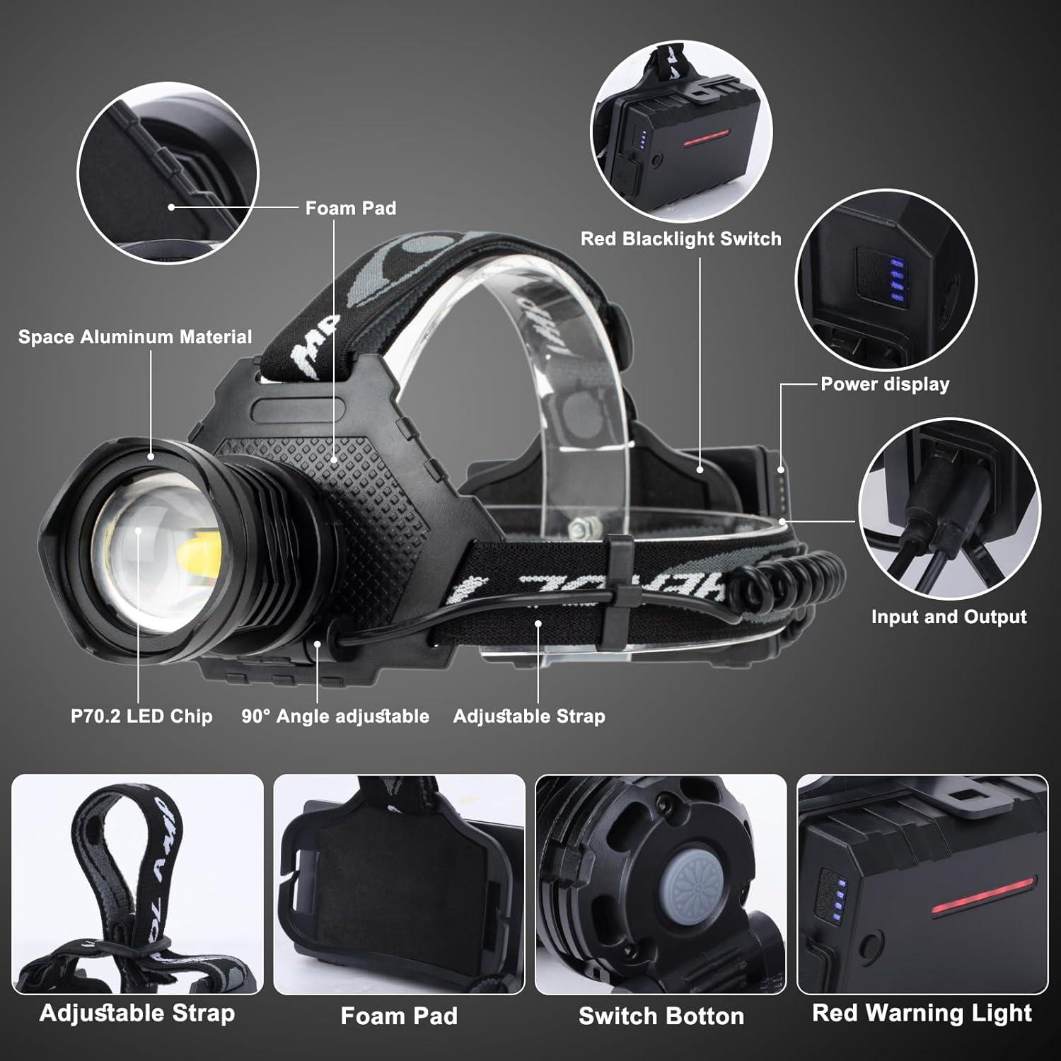 Linterna Frontal Recargable 3000 Lúmenes LED Ajustable IPX7