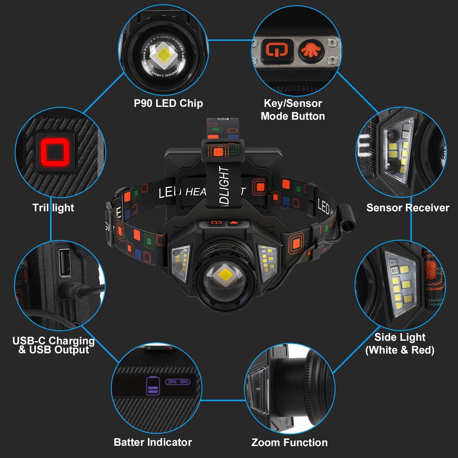 Linterna Frontal LED WARKAR 3000 Lúmenes Recargable IP65