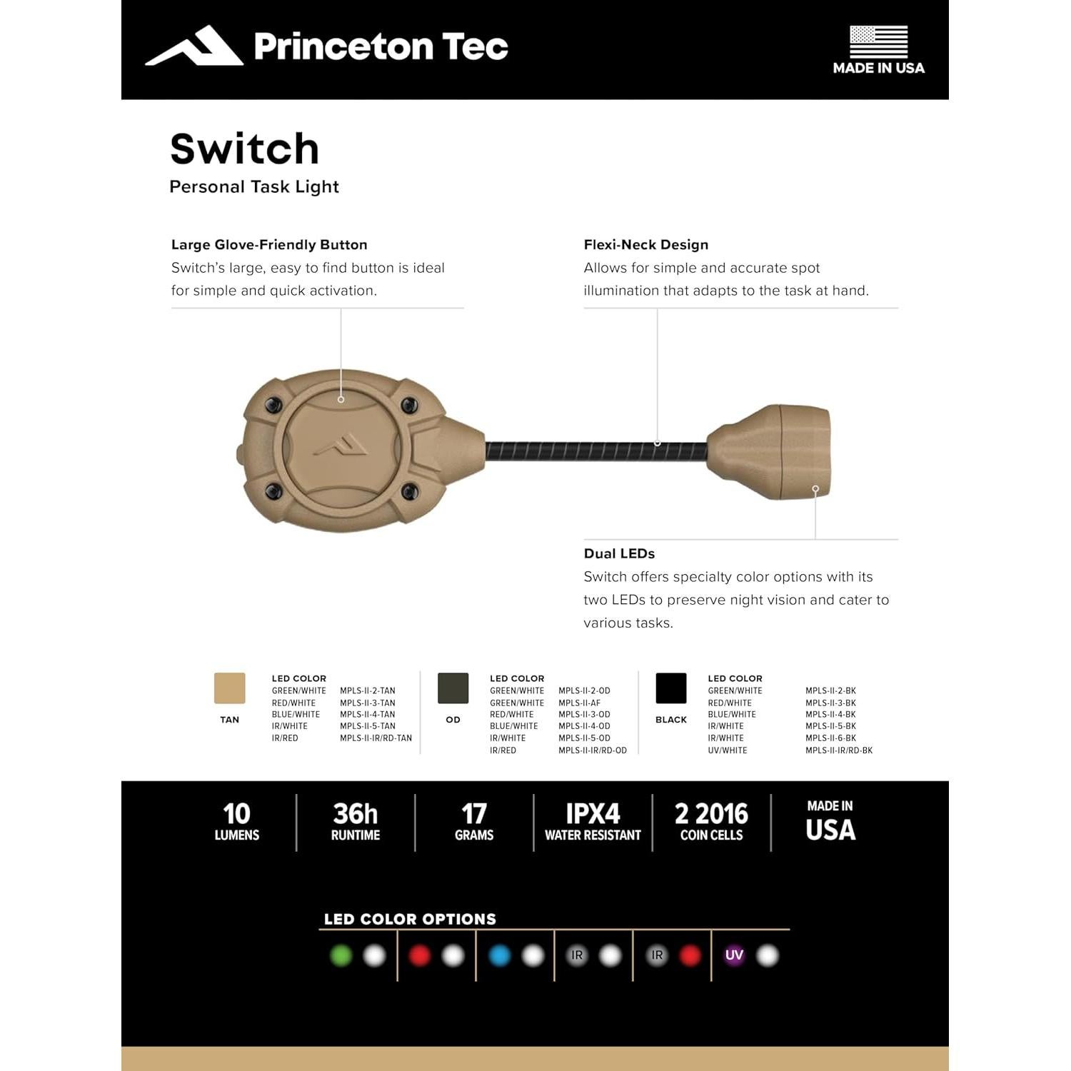 Luz LED Princeton Tec Switch MPLS 10 Lúmenes Verde Oliva