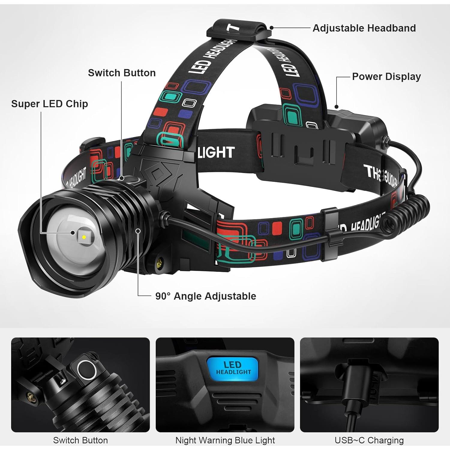 Linterna Frontal Recargable Azamine 99000 Lúmenes 2Pack IPX6