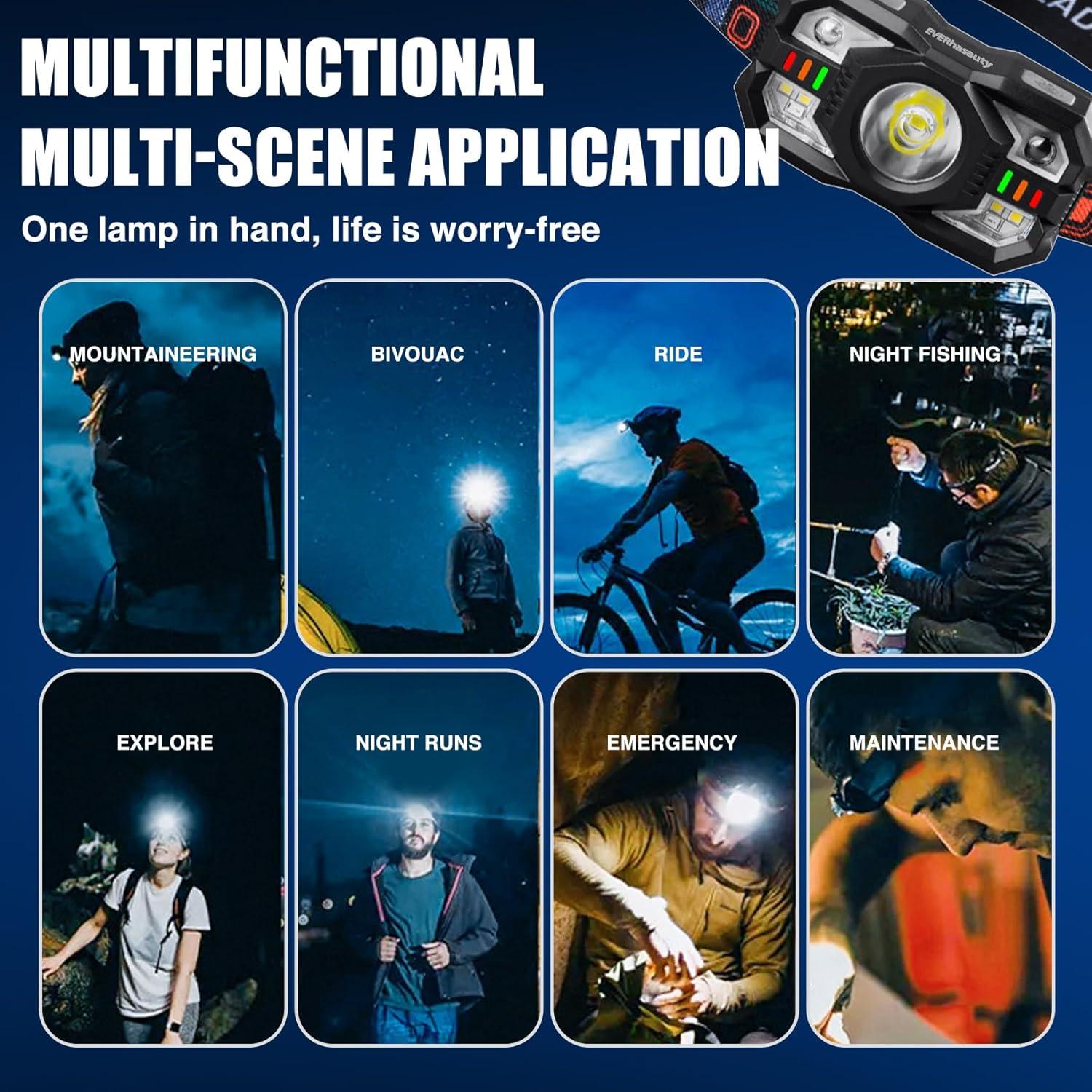 Linterna Frontal Recargable EVERhasauty 1200 Lúmenes LED 10 Modos