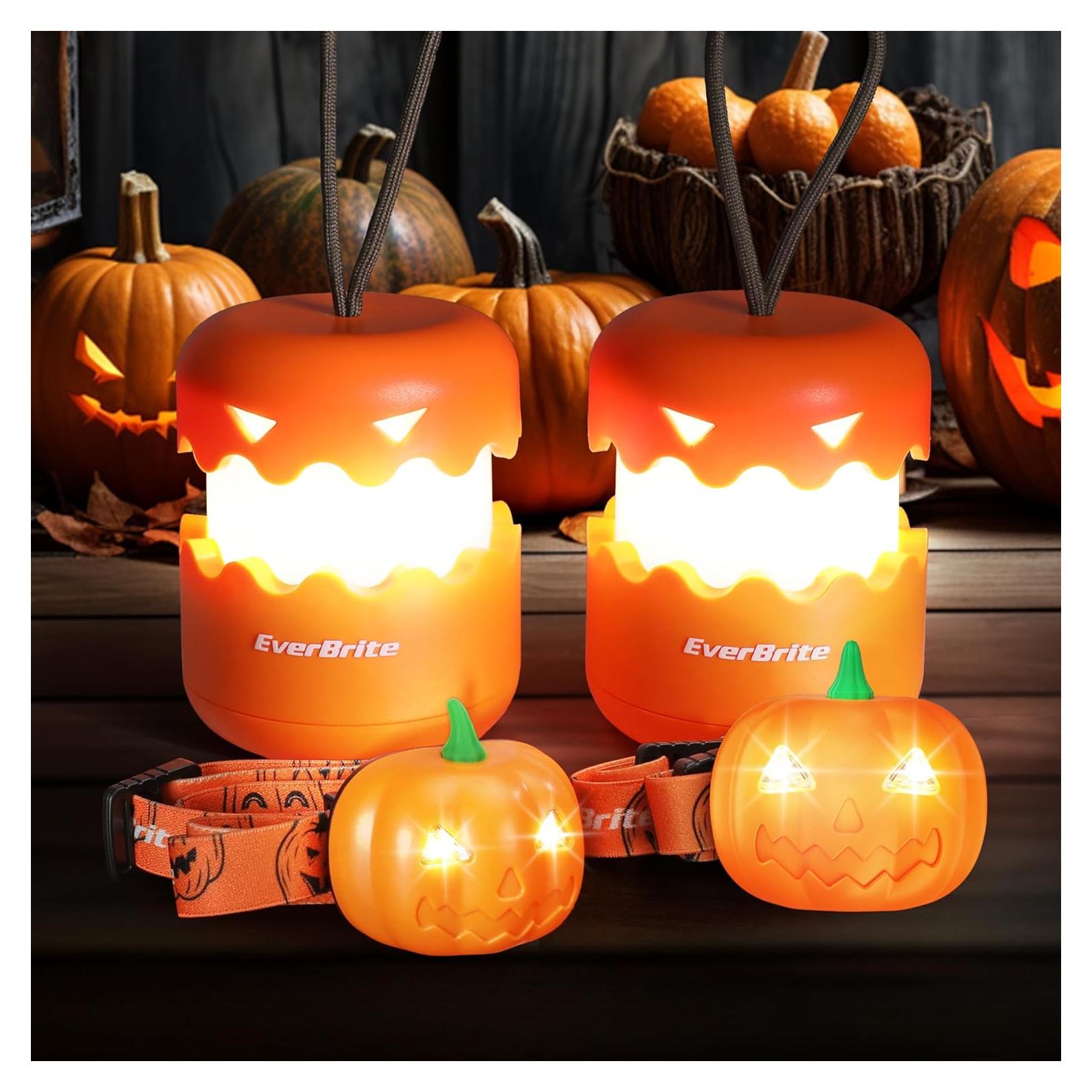 EverBrite Halloween Pumpkin Lantern and Headlamp Set(2 of Each), Collapsible Outdoor Lantern with Lanyard,2 Modes LED Pumpkin Head Lamp,Halloween Gifts for Halloween Party Decoration, Battery Included