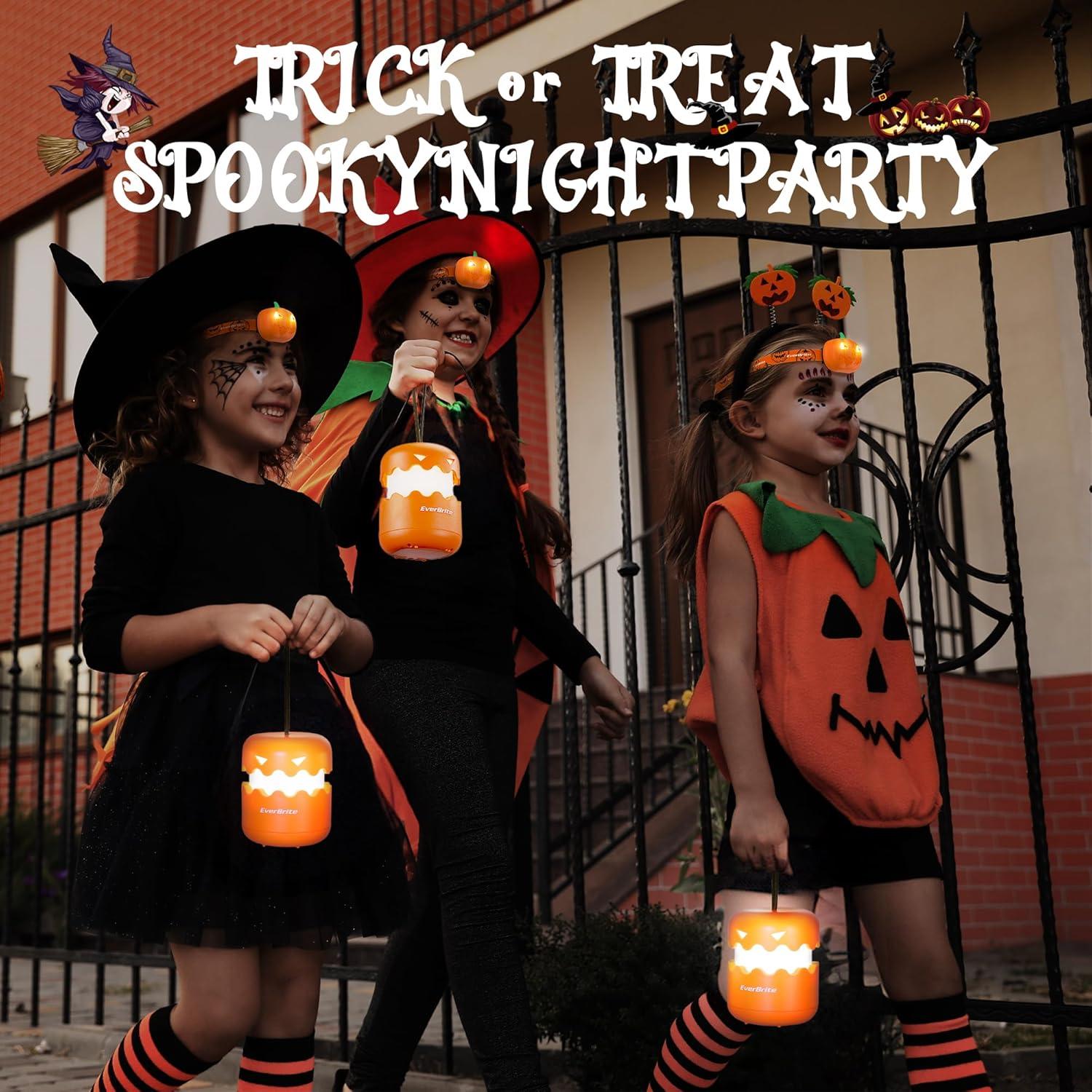 EverBrite Halloween Pumpkin Lantern and Headlamp Set(2 of Each), Collapsible Outdoor Lantern with Lanyard,2 Modes LED Pumpkin Head Lamp,Halloween Gifts for Halloween Party Decoration, Battery Included