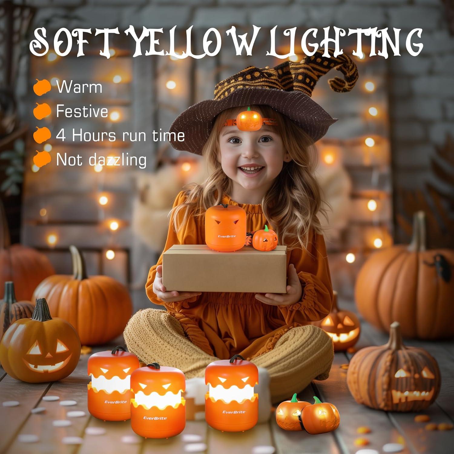 EverBrite Halloween Pumpkin Lantern and Headlamp Set(2 of Each), Collapsible Outdoor Lantern with Lanyard,2 Modes LED Pumpkin Head Lamp,Halloween Gifts for Halloween Party Decoration, Battery Included