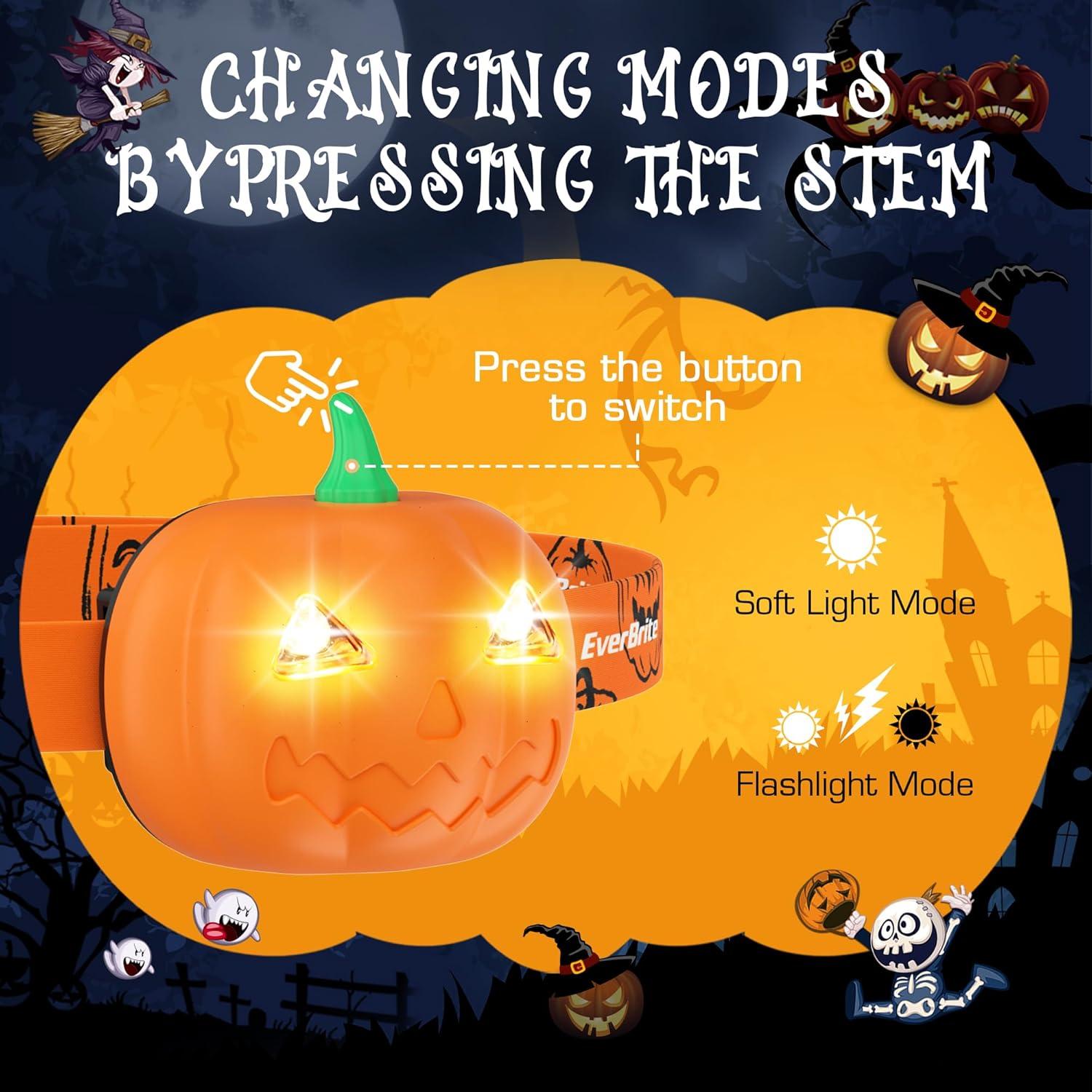 EverBrite Halloween Pumpkin Lantern and Headlamp Set(2 of Each), Collapsible Outdoor Lantern with Lanyard,2 Modes LED Pumpkin Head Lamp,Halloween Gifts for Halloween Party Decoration, Battery Included