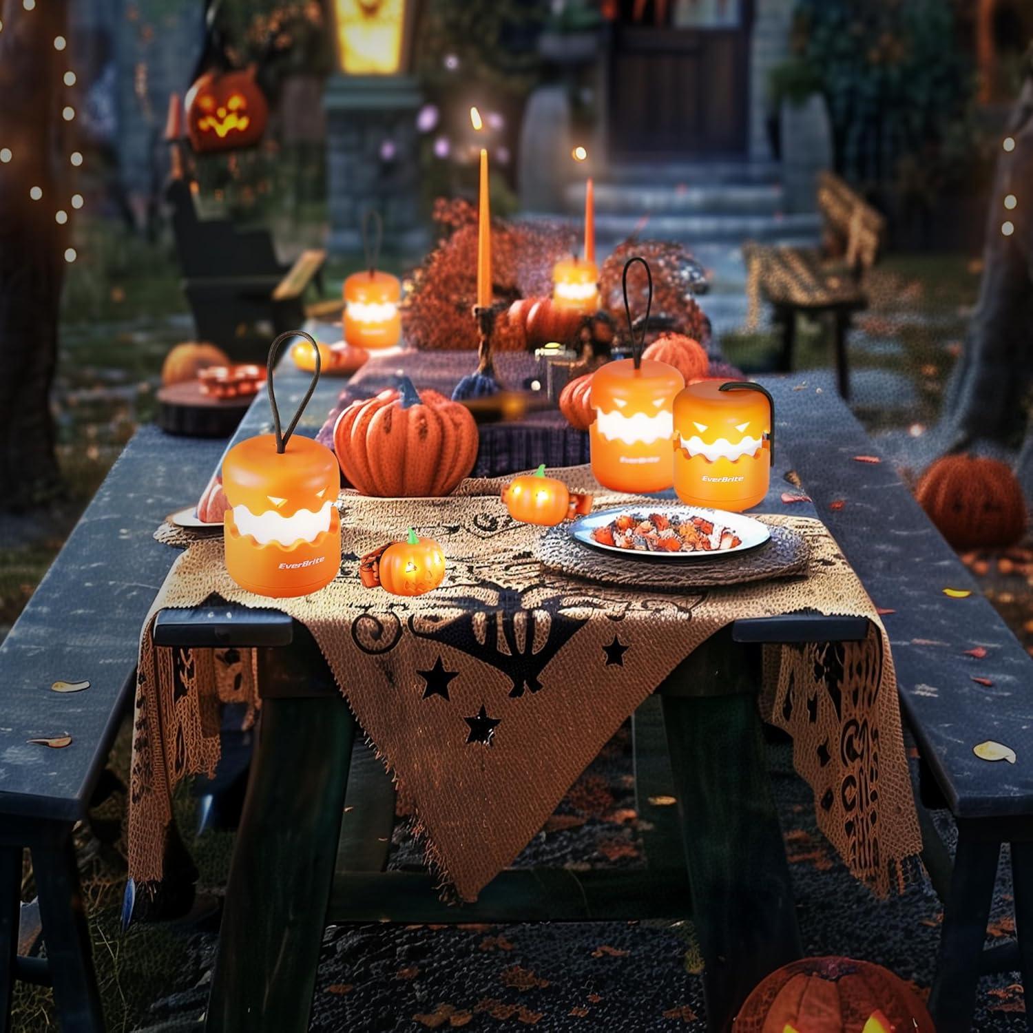 EverBrite Halloween Pumpkin Lantern and Headlamp Set(2 of Each), Collapsible Outdoor Lantern with Lanyard,2 Modes LED Pumpkin Head Lamp,Halloween Gifts for Halloween Party Decoration, Battery Included
