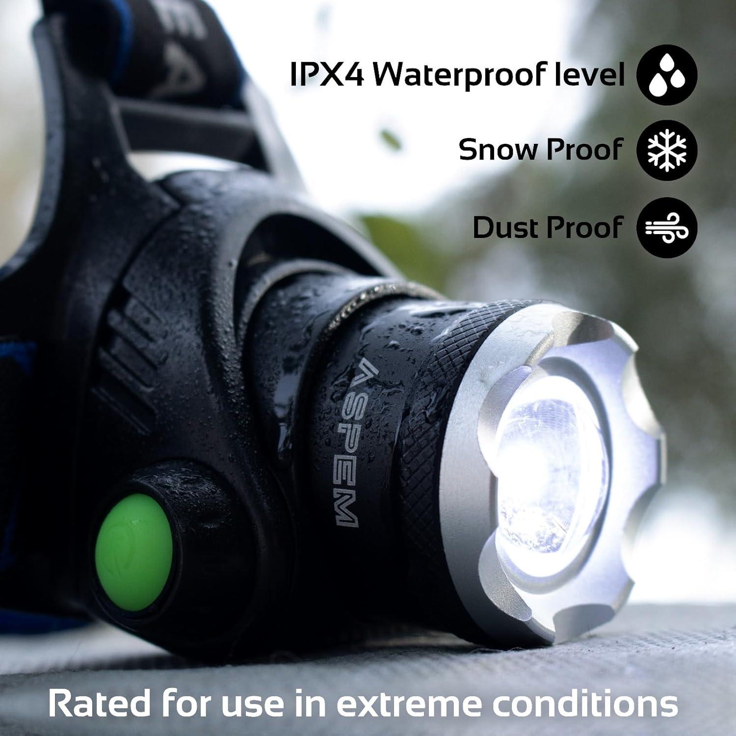 Linterna Frontal Recargable ASPEM 1000 Lúmenes IPX4 Ajustable