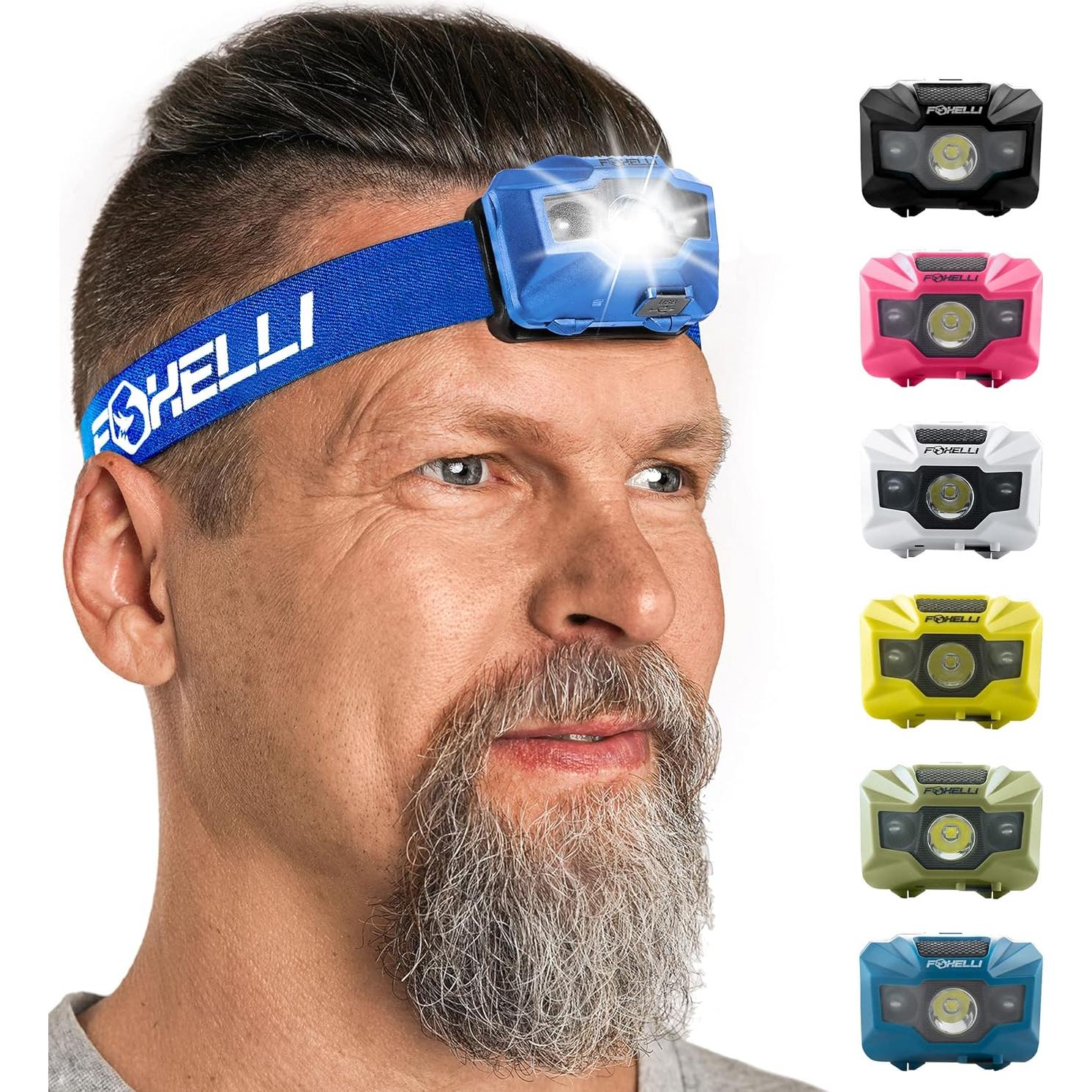 Paquete de 2 Linternas Frontales LED Foxelli - Caqui y Azul