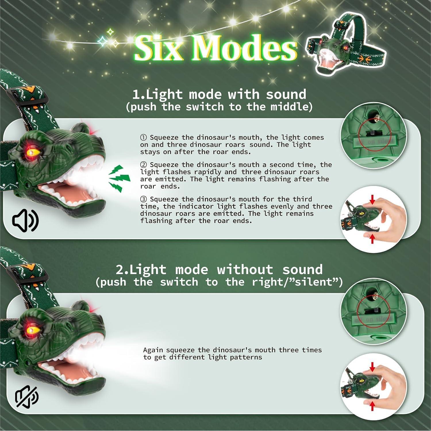 Linterna LED T-Rex Niovexium para Niños 3 Modos Verde