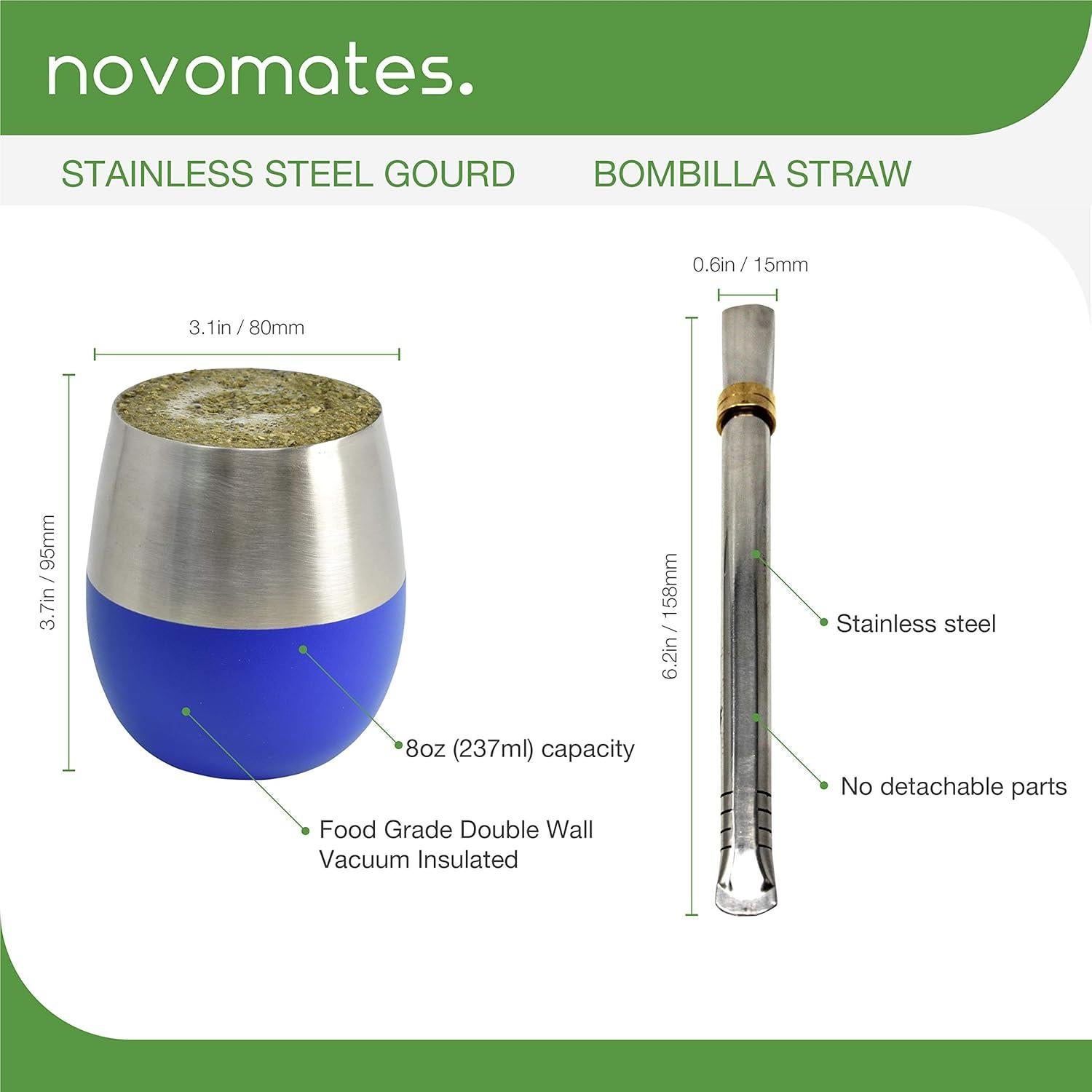 Juego de Taza de Mate Novomates Azul 8oz Acero Inoxidable