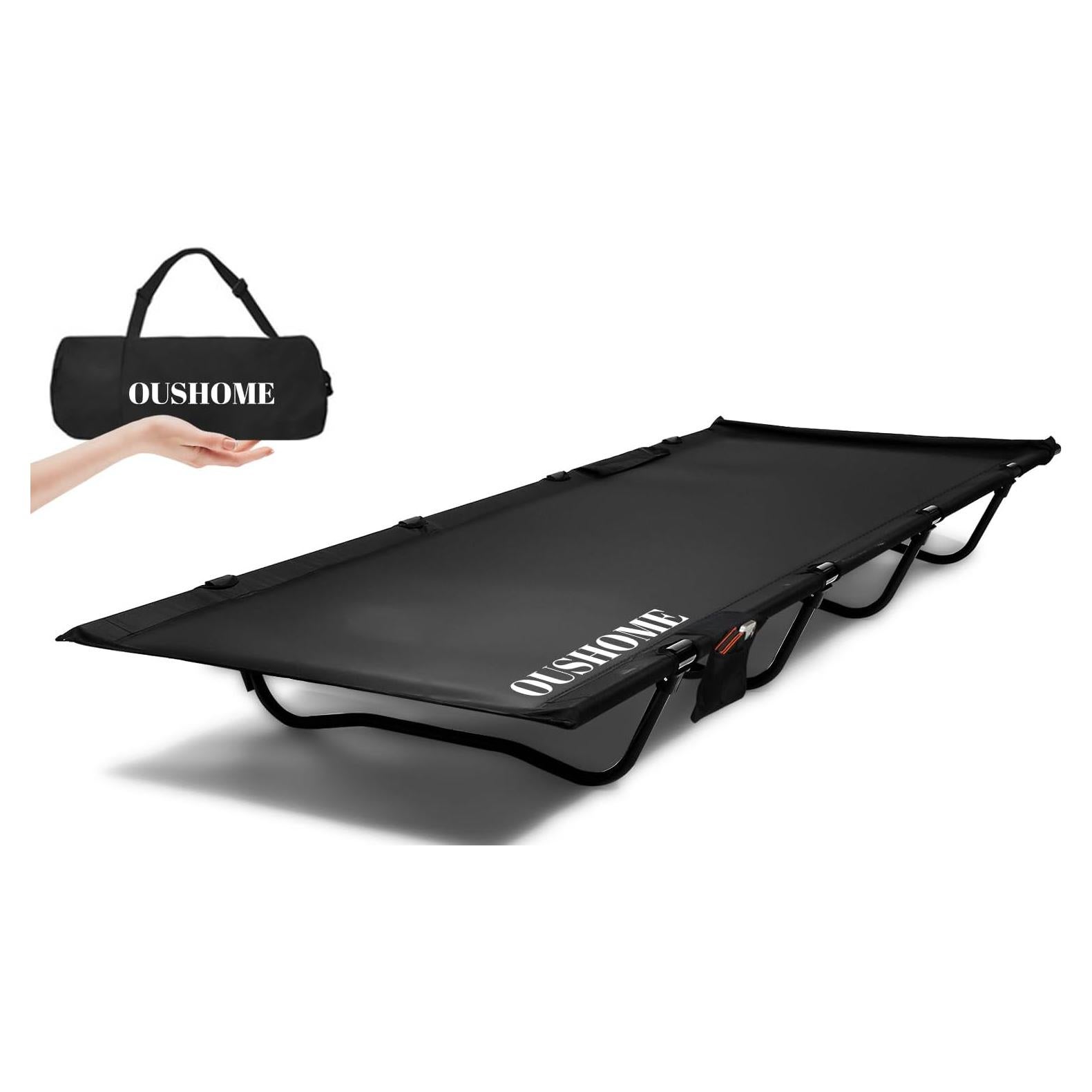 Cama de Camping Plegable Oushome Negra, Soporta 159kg, 2.27kg
