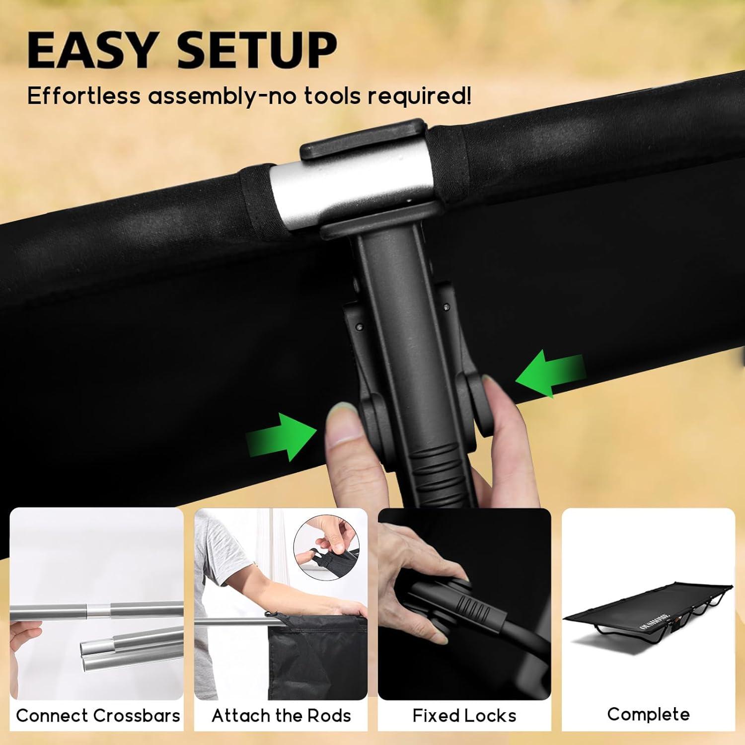 Cama de Camping Plegable Oushome Negra, Soporta 159kg, 2.27kg