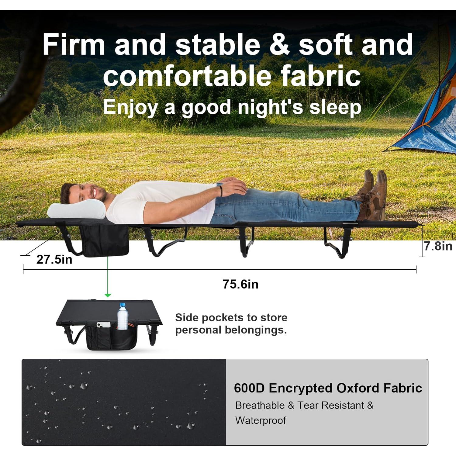 Cama de Camping Plegable Oushome Negra, Soporta 159kg, 2.27kg