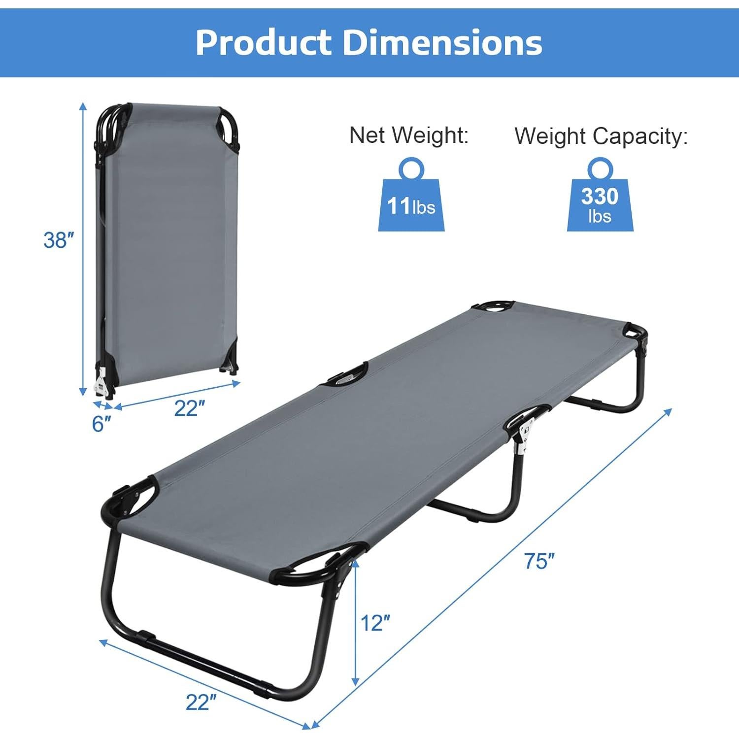 Cama de Camping Plegable Tangkula Gris, Estructura de Acero, 191.8x55.9 cm