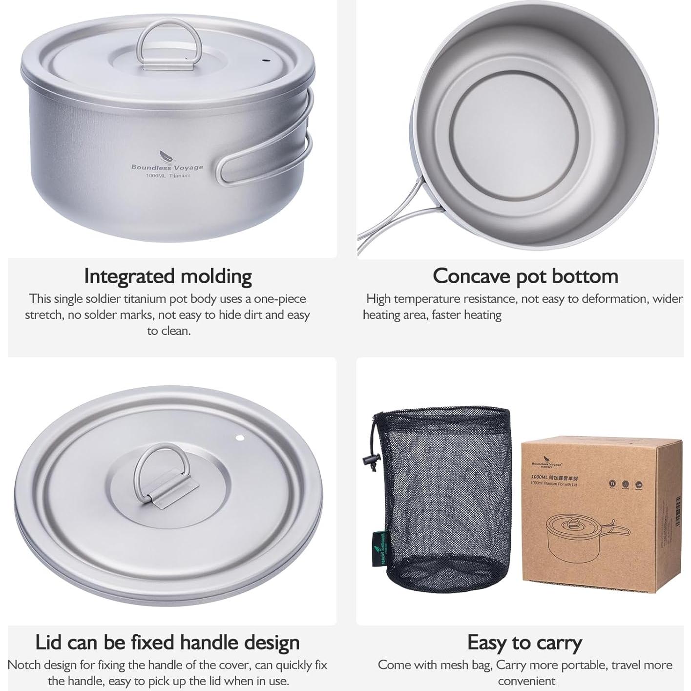 Olla de Titanio 1L Boundless Voyage para Camping y Cocina