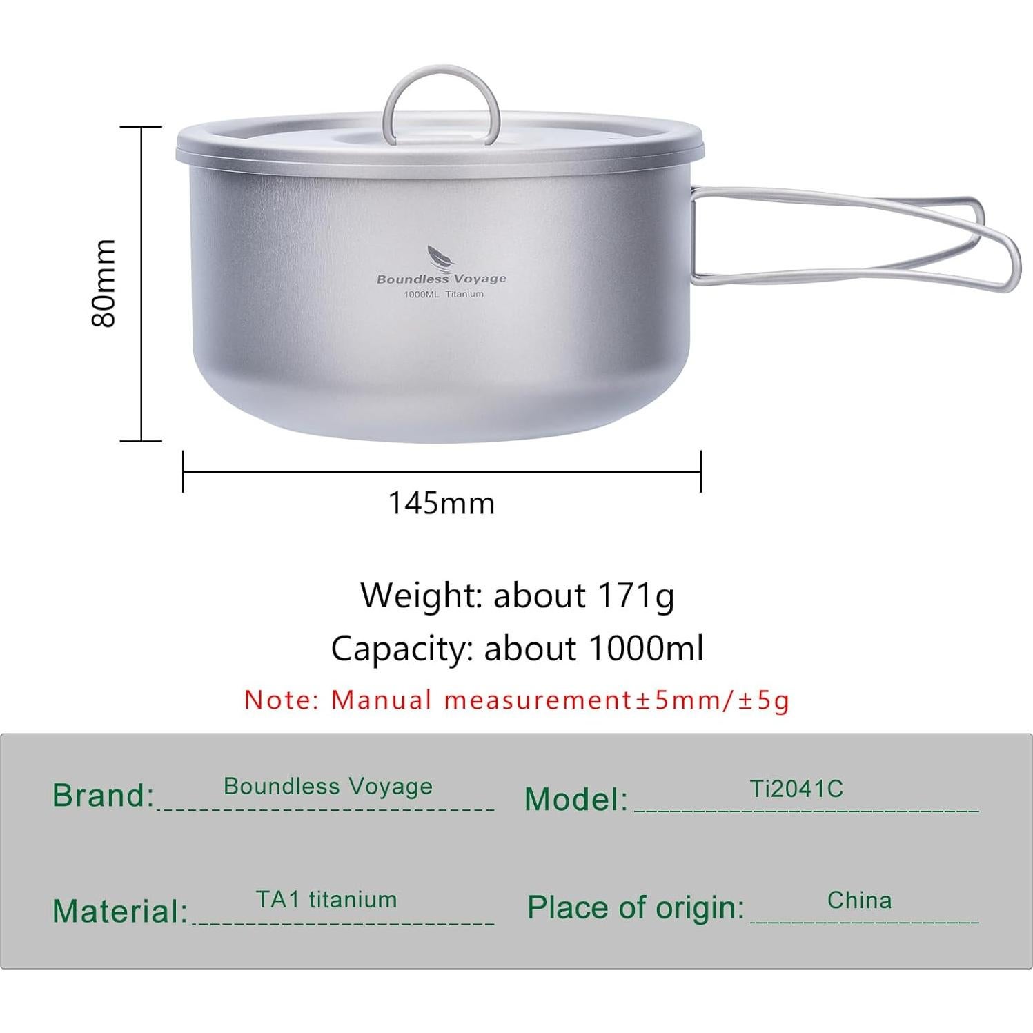 Olla de Titanio 1L Boundless Voyage para Camping y Cocina