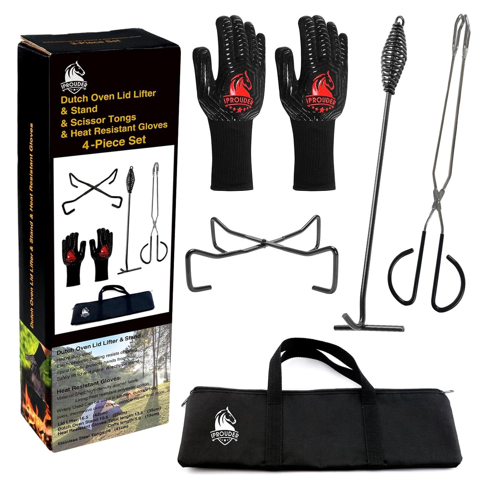5-in-1 Dutch Oven Camping Accessories Kit - Campfire Cooking Equipment with Heat-Resistant Gloves, 16" Scissors Tongs, Lid Lifter, Lid Stand & Trivet | BBQ Tools, Outdoor Camping Cookware