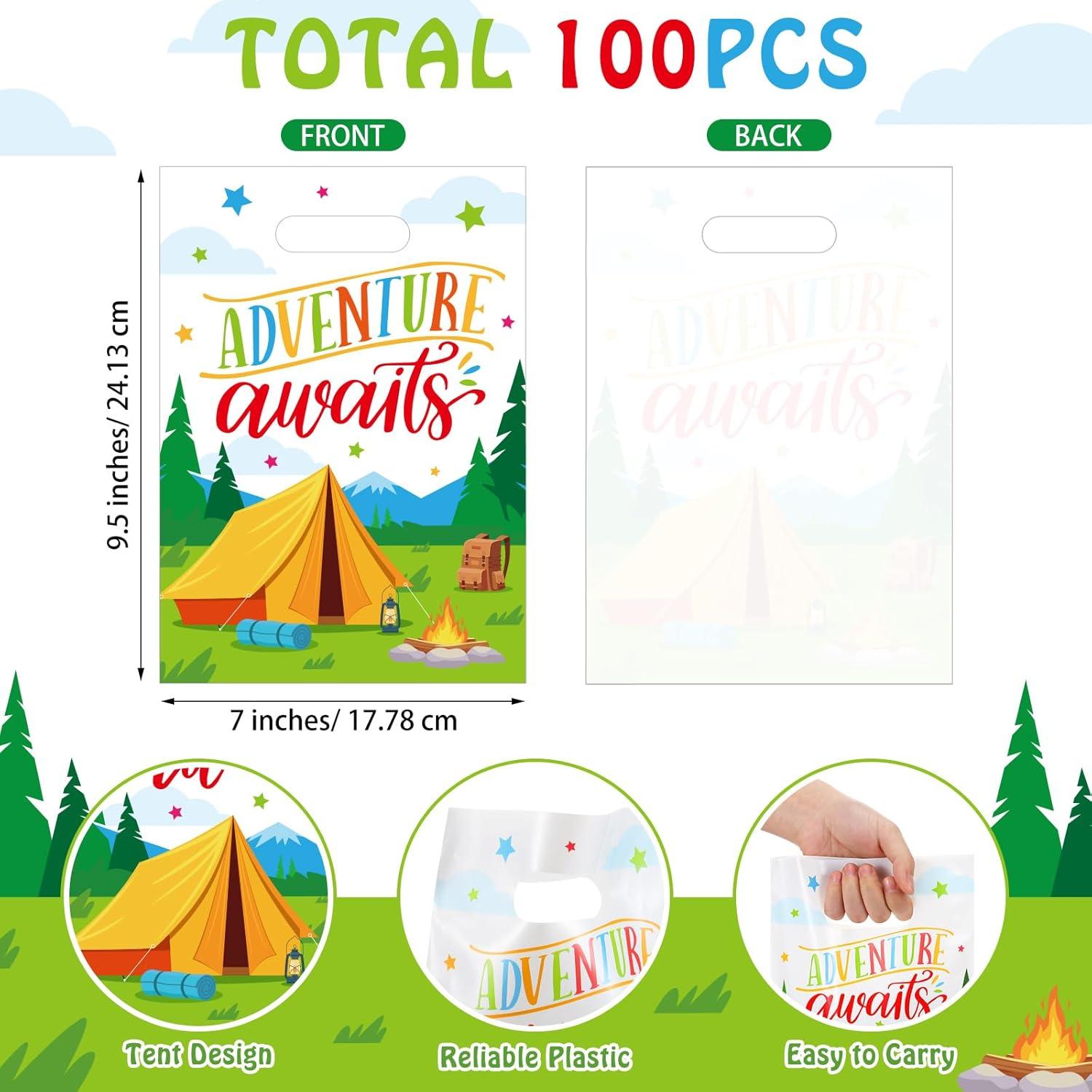 100 Bolsas de Regalo de Fiesta Temática Camping Motipuns 17.78x24.13cm