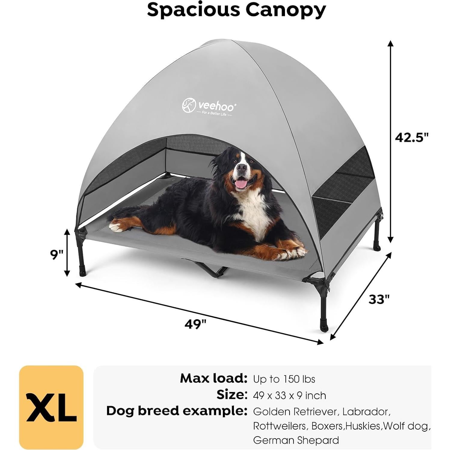 Cama Elevada para Perros Veehoo XL con Dosel Gris 124.5x83.8cm